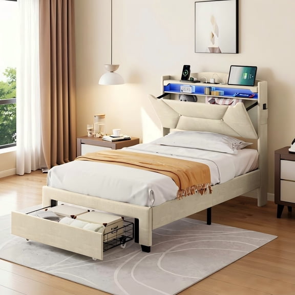 BSHTI Beige Linen Twin Bed Headboard with LED Lights & USB Charging Station – Multi-Storage Upholstered Headboard with Open Shelves & Hidden Compartment – Easy Installation