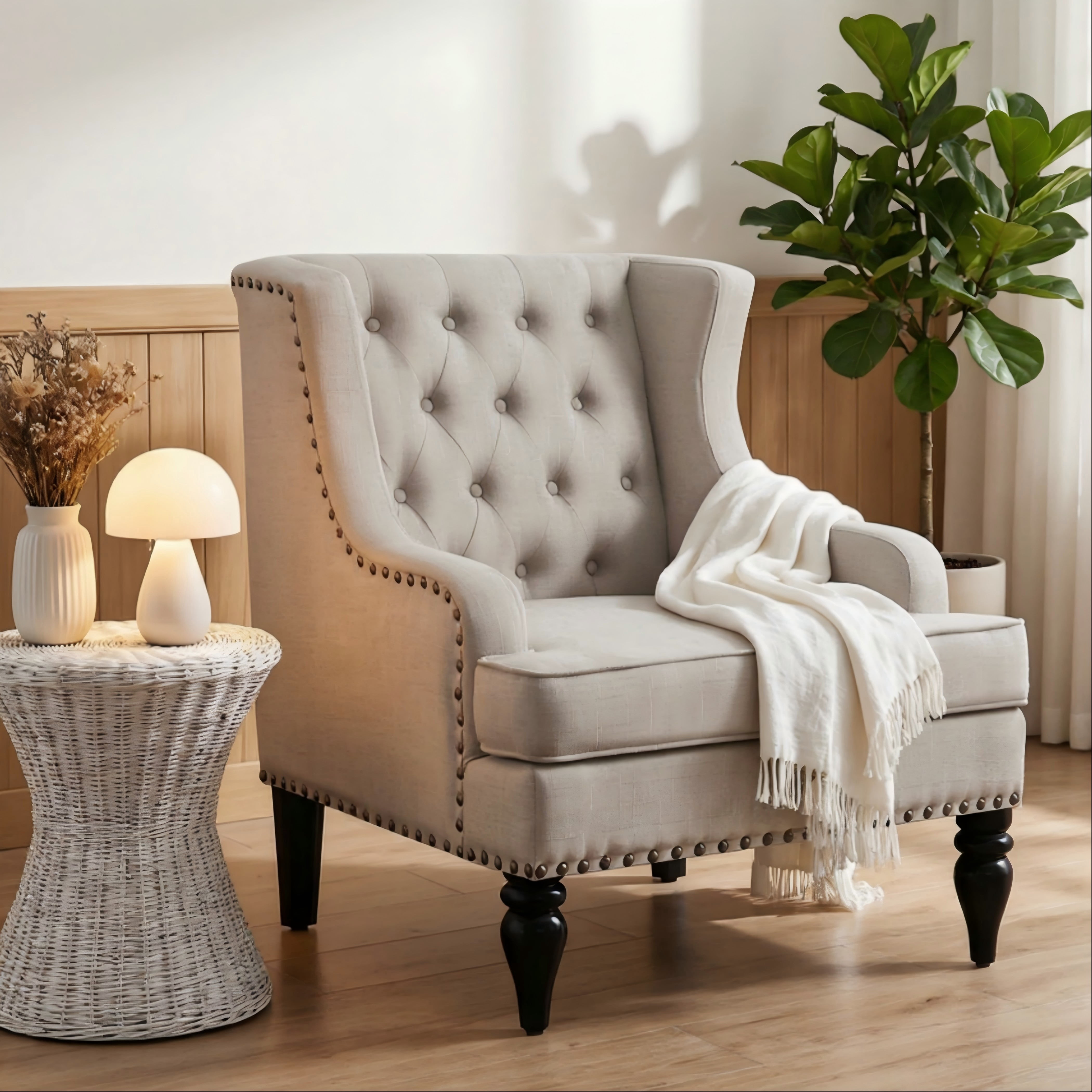 BSHTI Beige Linen Upholstered Accent Arm Chair, Solid Rubberwood Frame, Comfy Living Room Bedroom Side Chair