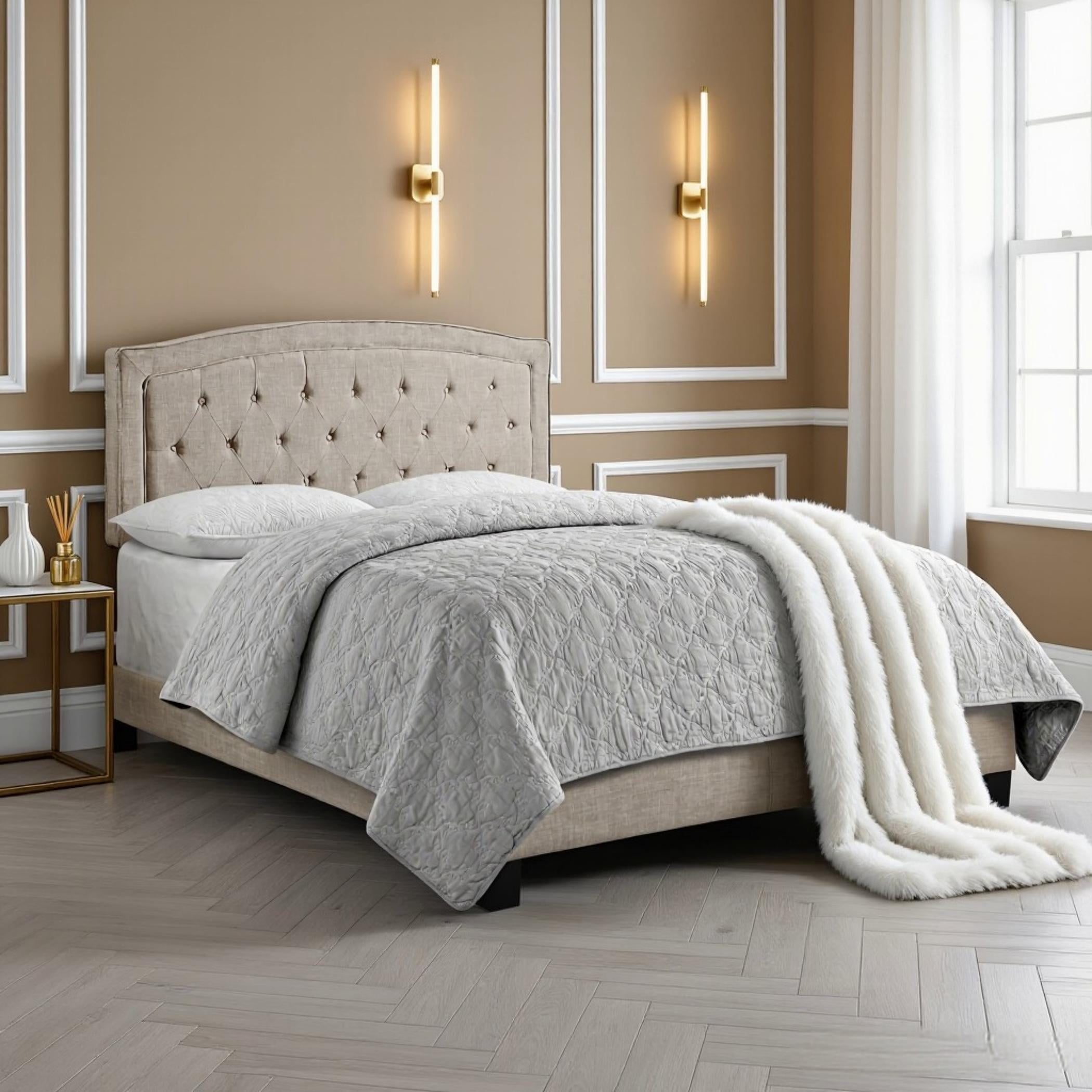 BSHTI Beige Linen Upholstered King Size Bed, Adjustable Height Headboard, Platform Bed Frame with Solid Wood Construction, Box Spring Needed