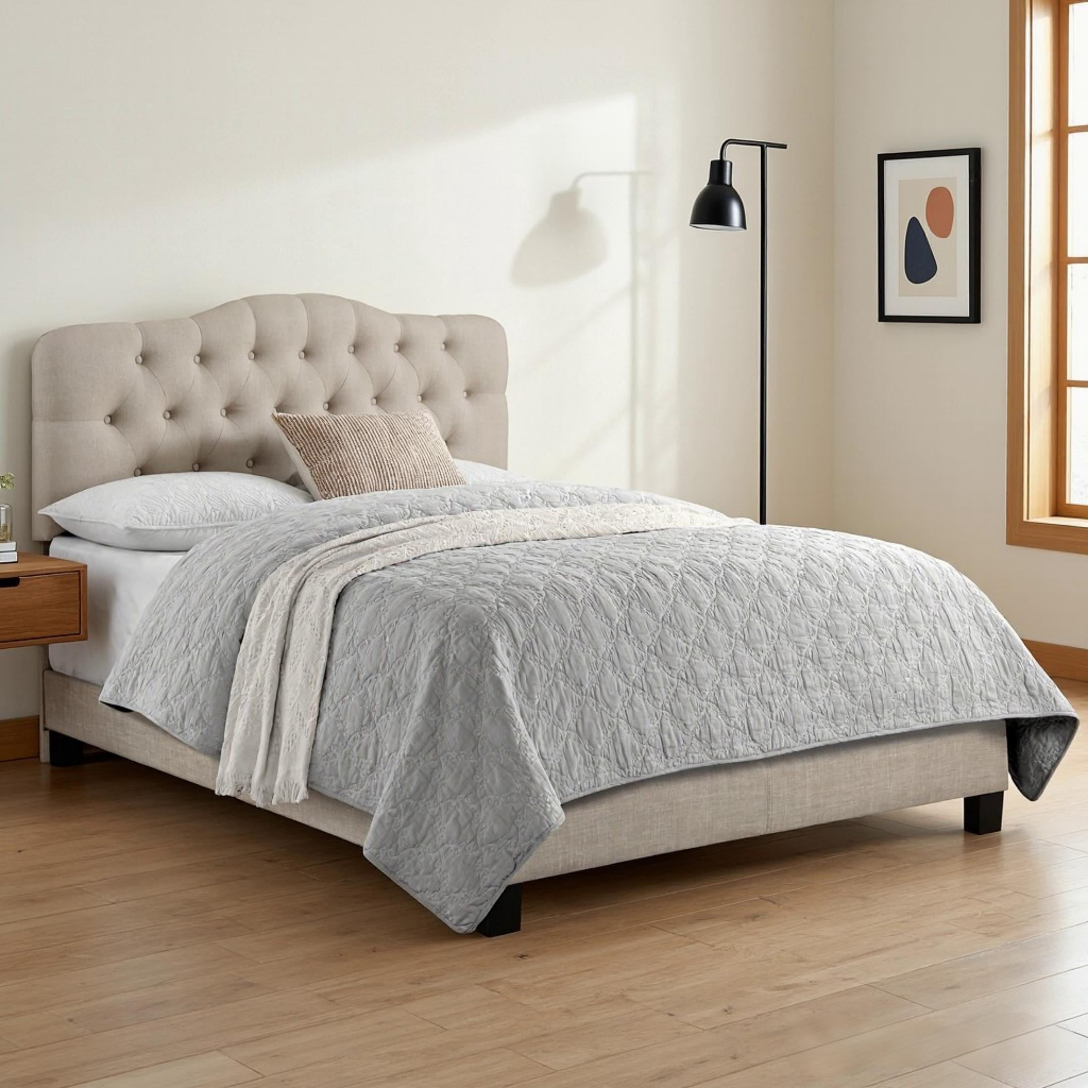 BSHTI Beige Linen Upholstered King Size Bed, Adjustable Height Headboard, Platform Bed Frame with Solid Wood Construction, Box Spring Needed