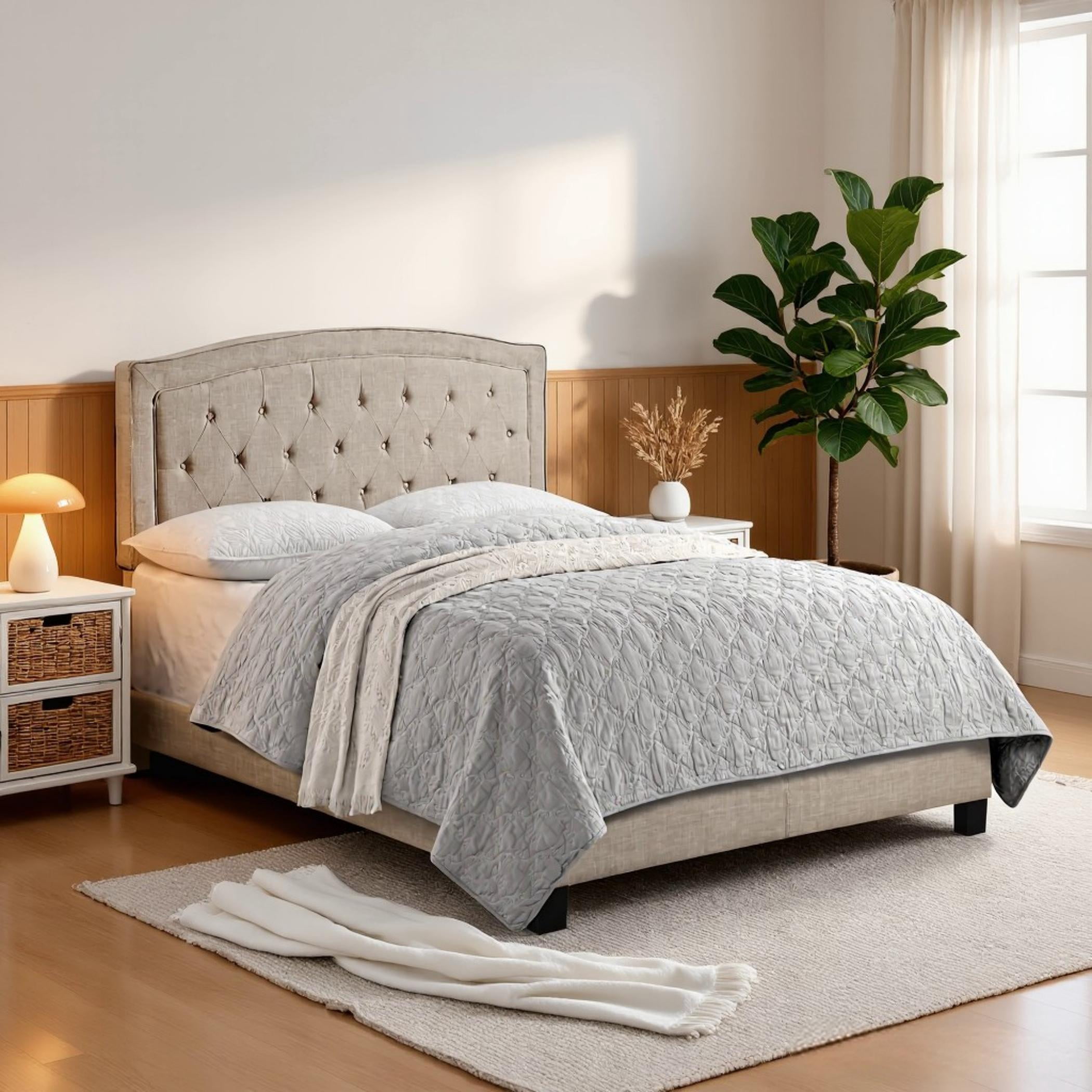 BSHTI Beige Linen Upholstered Queen Size Bed, Adjustable Height Headboard, Platform Bed Frame with Solid Wood Construction, Box Spring Needed