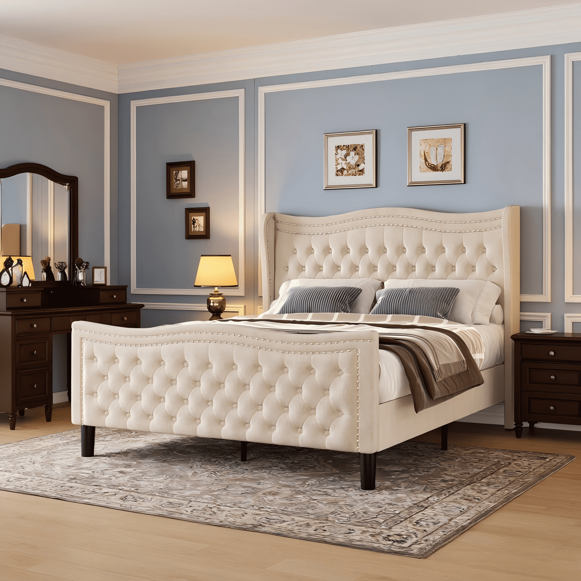 BSHTI Upholstered Queen Size Bed Frame – Diamond Tufted Wingback Headboard, Platform Bed with Wooden Slats, No Box Spring Needed（Beige）