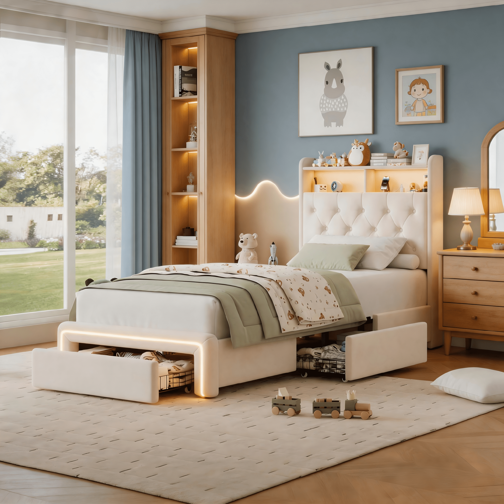 BSHTI FULL Size Beige Velvet Upholstered Platform Bed Frame with LED Storage Headboard, Charging Station, Underbed Drawers, Tufted Design, No Box Spring Needed, Modern Bedroom Furniture (Beige)