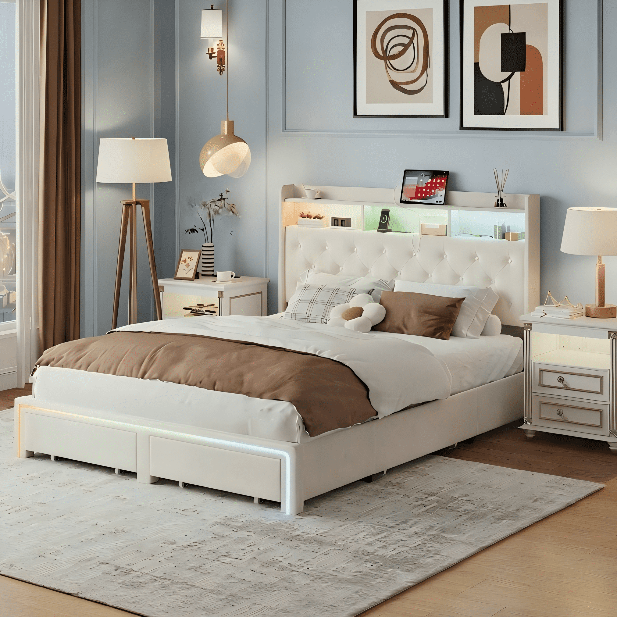 BSHTI KING Size Beige Velvet Upholstered Platform Bed Frame with LED Storage Headboard, Charging Station, Underbed Drawers, Tufted Design, No Box Spring Needed, Modern Bedroom Furniture (Beige)