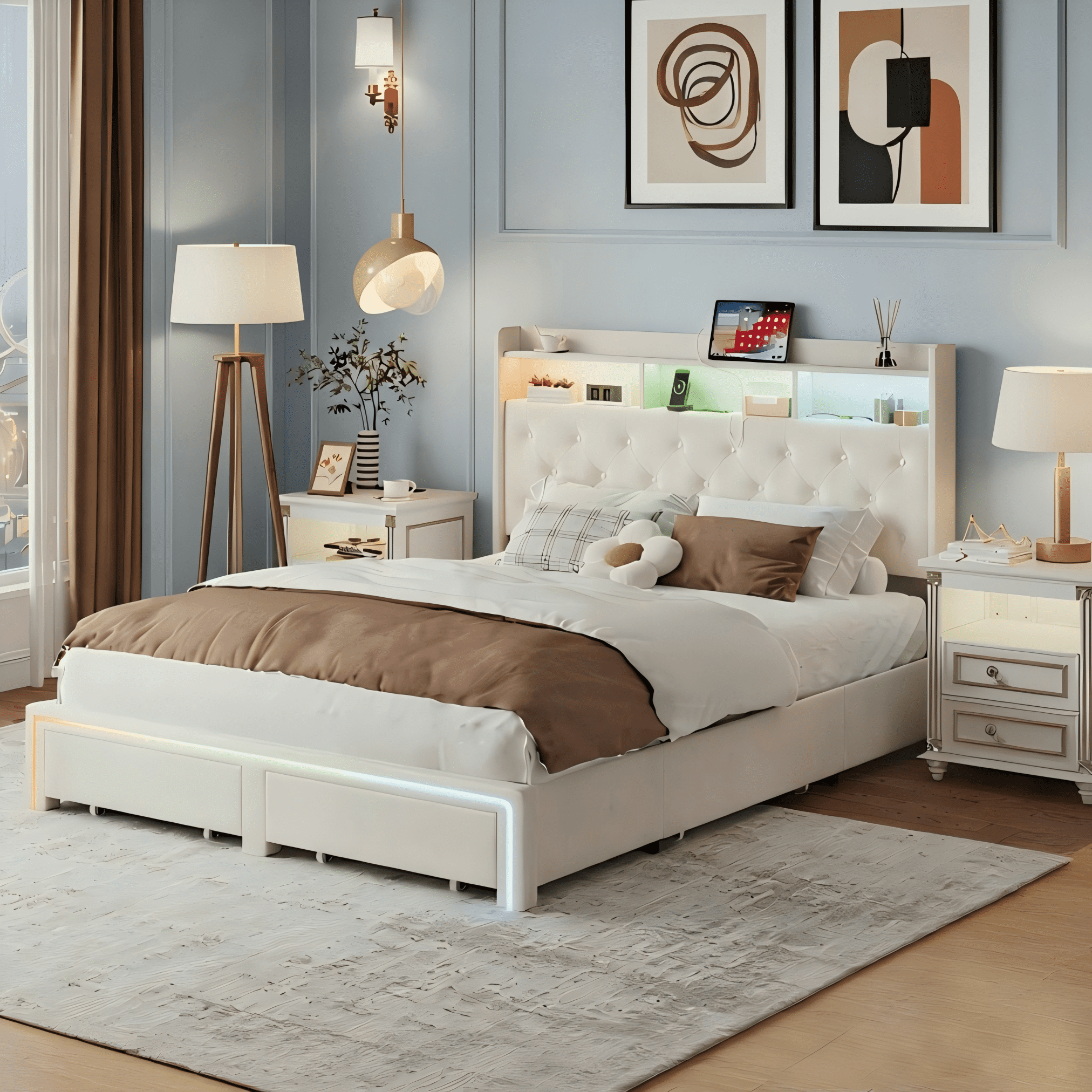 BSHTI QUEEN Size Beige Velvet Upholstered Platform Bed Frame with LED Storage Headboard, Charging Station, Underbed Drawers, Tufted Design, No Box Spring Needed, Modern Bedroom Furniture (Beige)