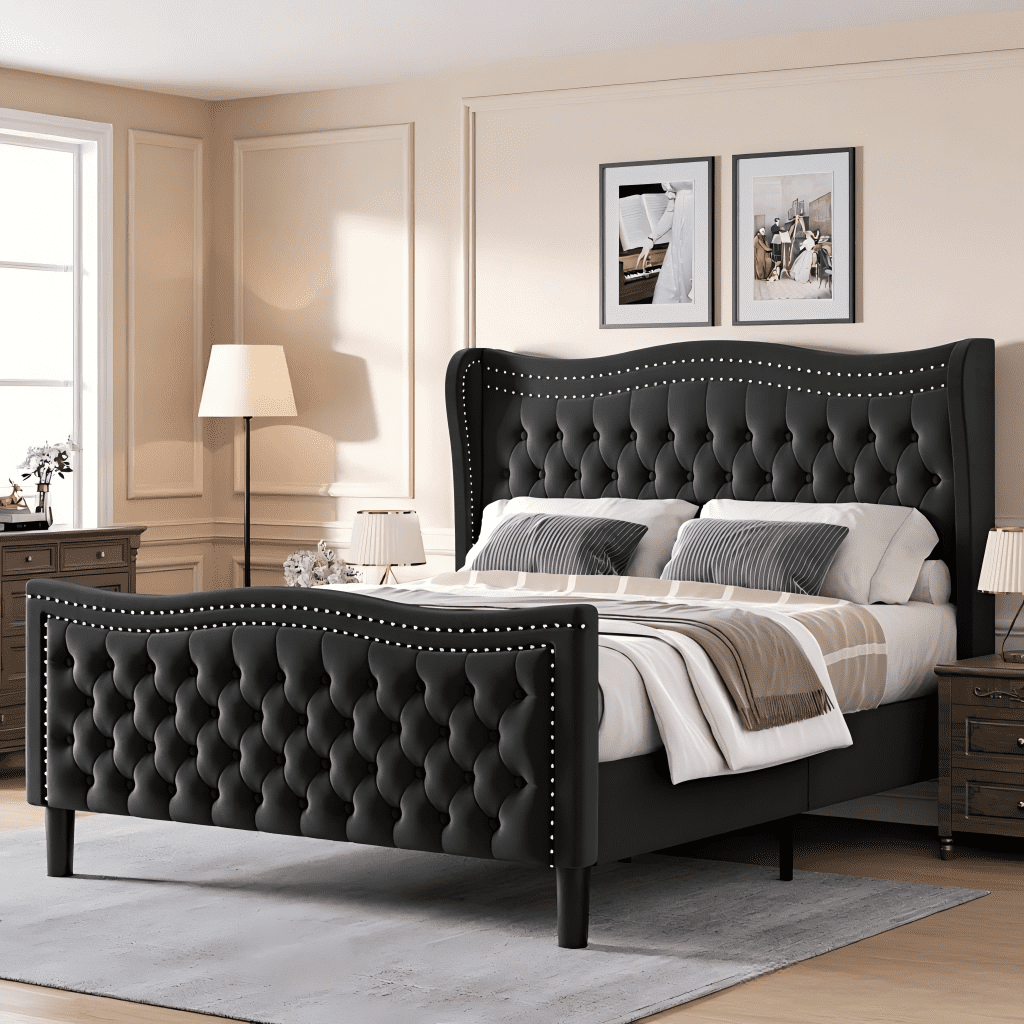 BSHTI Velvet King Size Bed Frame – Diamond Tufted Wingback Headboard, No Box Spring Needed（Black）