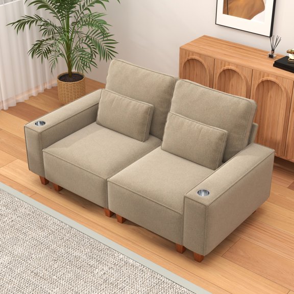 BSHTI Chenille Deep Seat 2-Seater Sofa with Brushed Stainless Steel Cup Holders and 2 Decorative Pillows – Modern Cozy Loveseat for Living Room