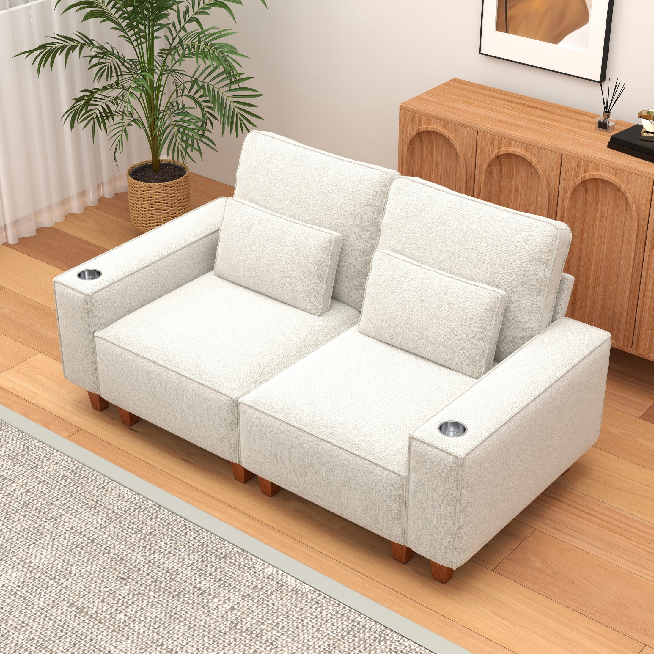 BSHTI Chenille Deep Seat 2-Seater Sofa with Brushed Stainless Steel Cup Holders and 2 Decorative Pillows – Modern Cozy Loveseat for Living Room