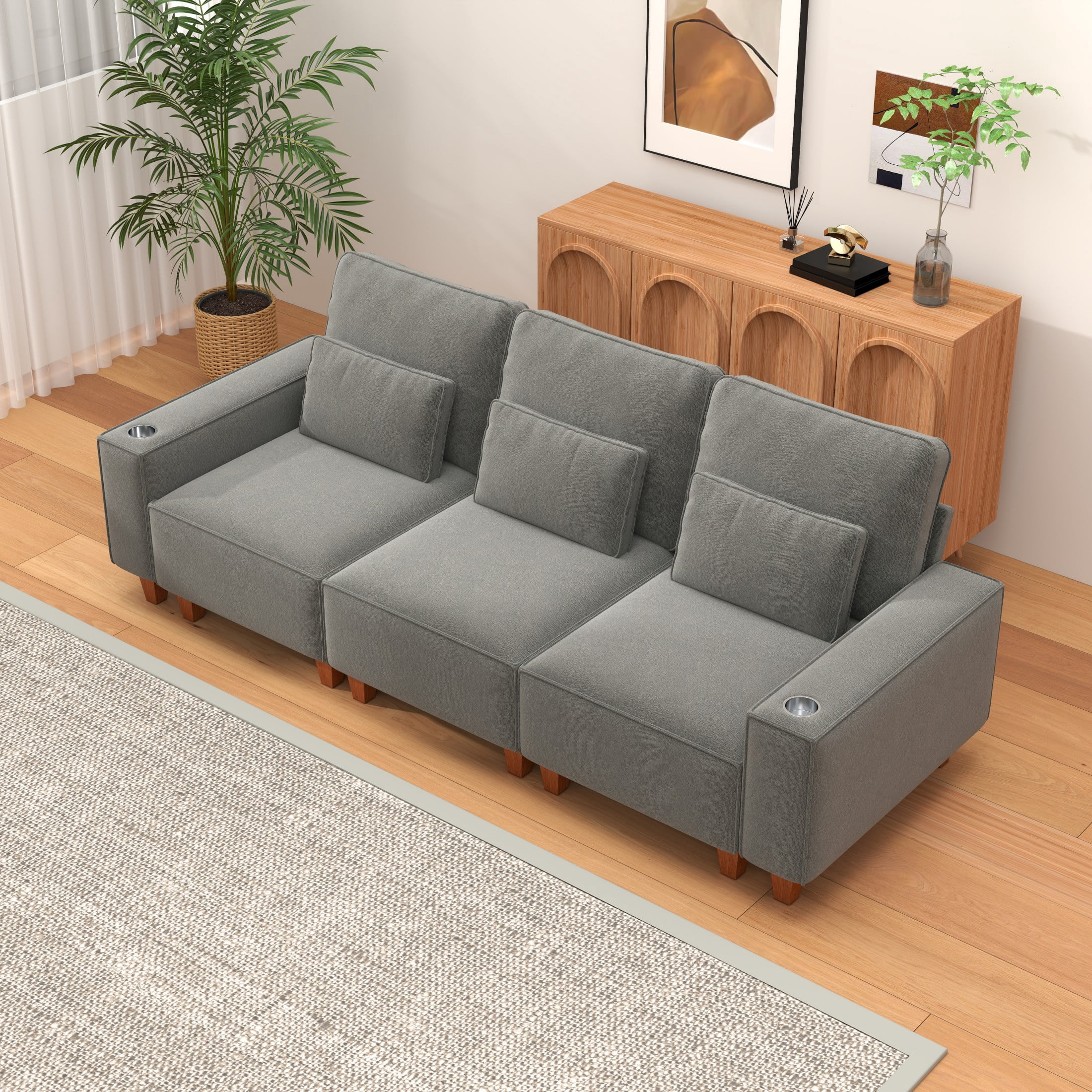 BSHTI Chenille Deep Seat 3-Seater Sofa with Brushed Stainless Steel Cup Holders and 3 Decorative Pillows – Modern Comfortable Couch for Living Room