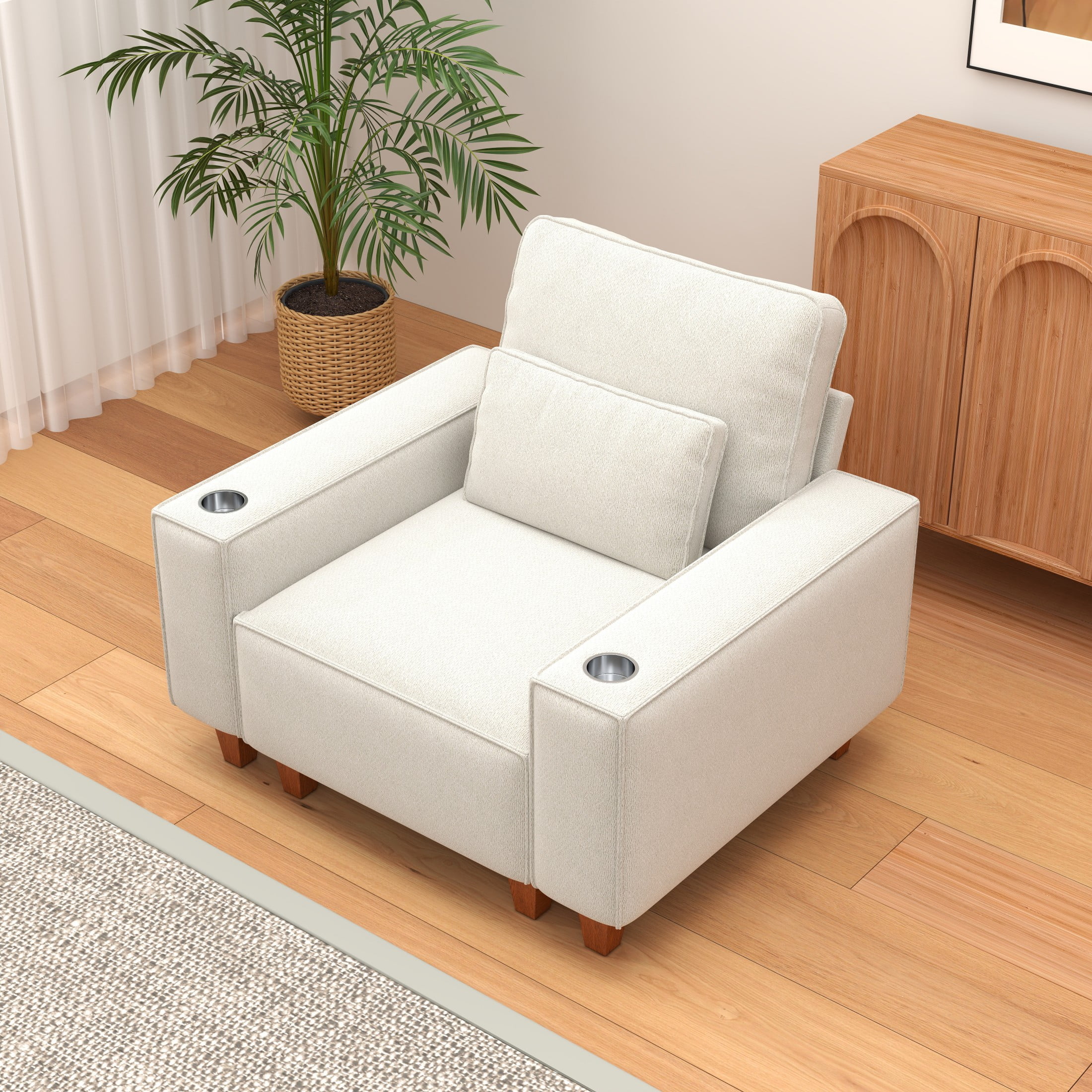 BSHTI Chenille Deep Seat Single Sofa Chair with Brushed Stainless Steel Cup Holder and Decorative Pillow – Modern Cozy Accent Chair for Living Room