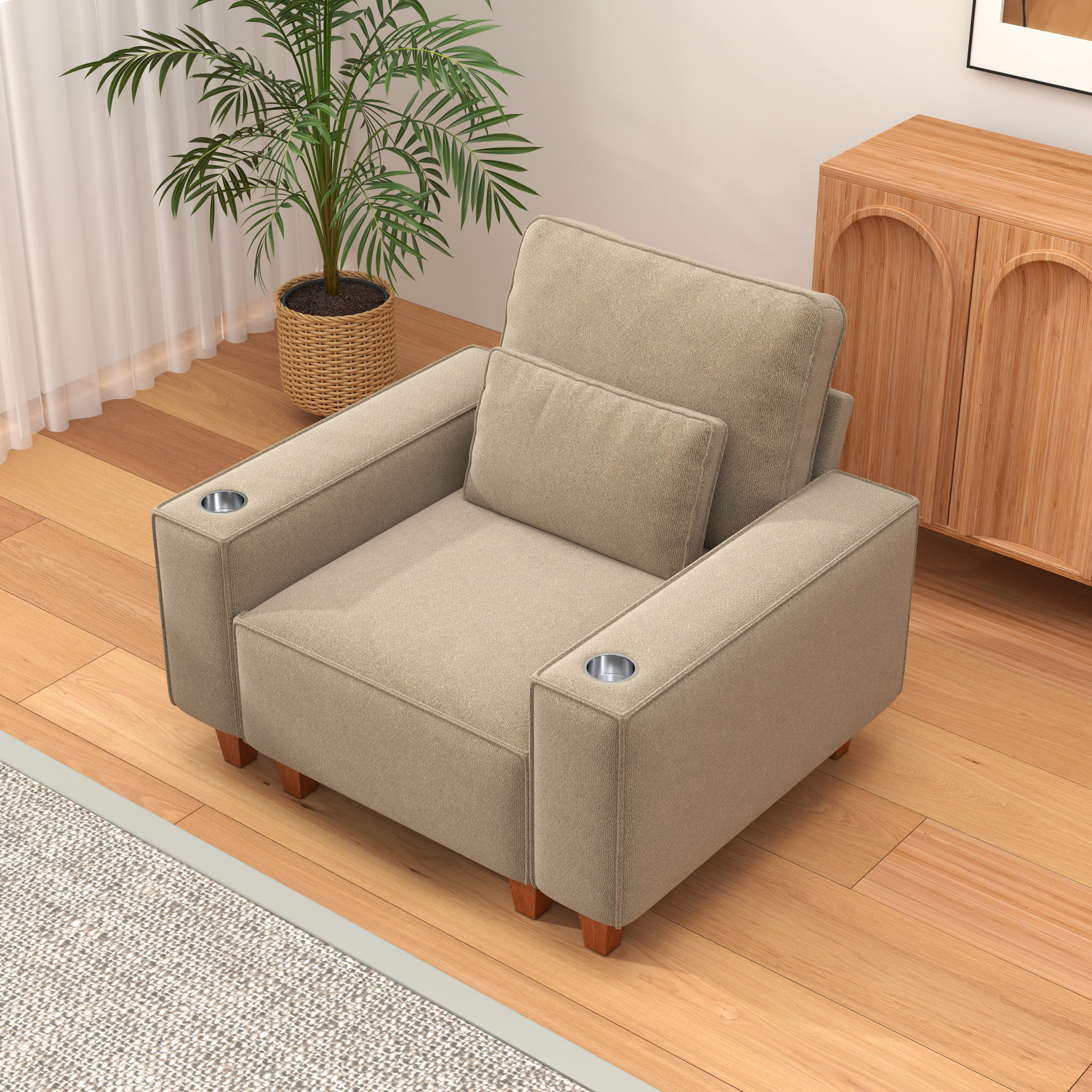 BSHTI Chenille Deep Seat Single Sofa Chair with Brushed Stainless Steel Cup Holder and Decorative Pillow – Modern Cozy Accent Chair for Living Room
