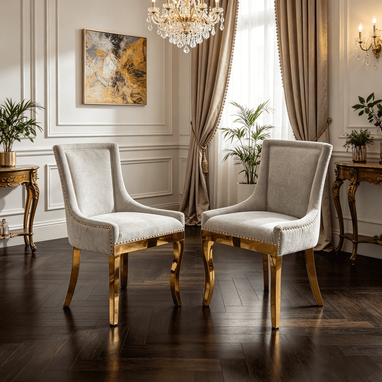 BSHTI Chenille Dining Chairs Set of 2, Beige Textured Fabric Upholstered Chairs with Curved Gold-Plated Legs & Rivet Trim – Modern Accent Seating for Dining or Lounge, One-Piece Structure