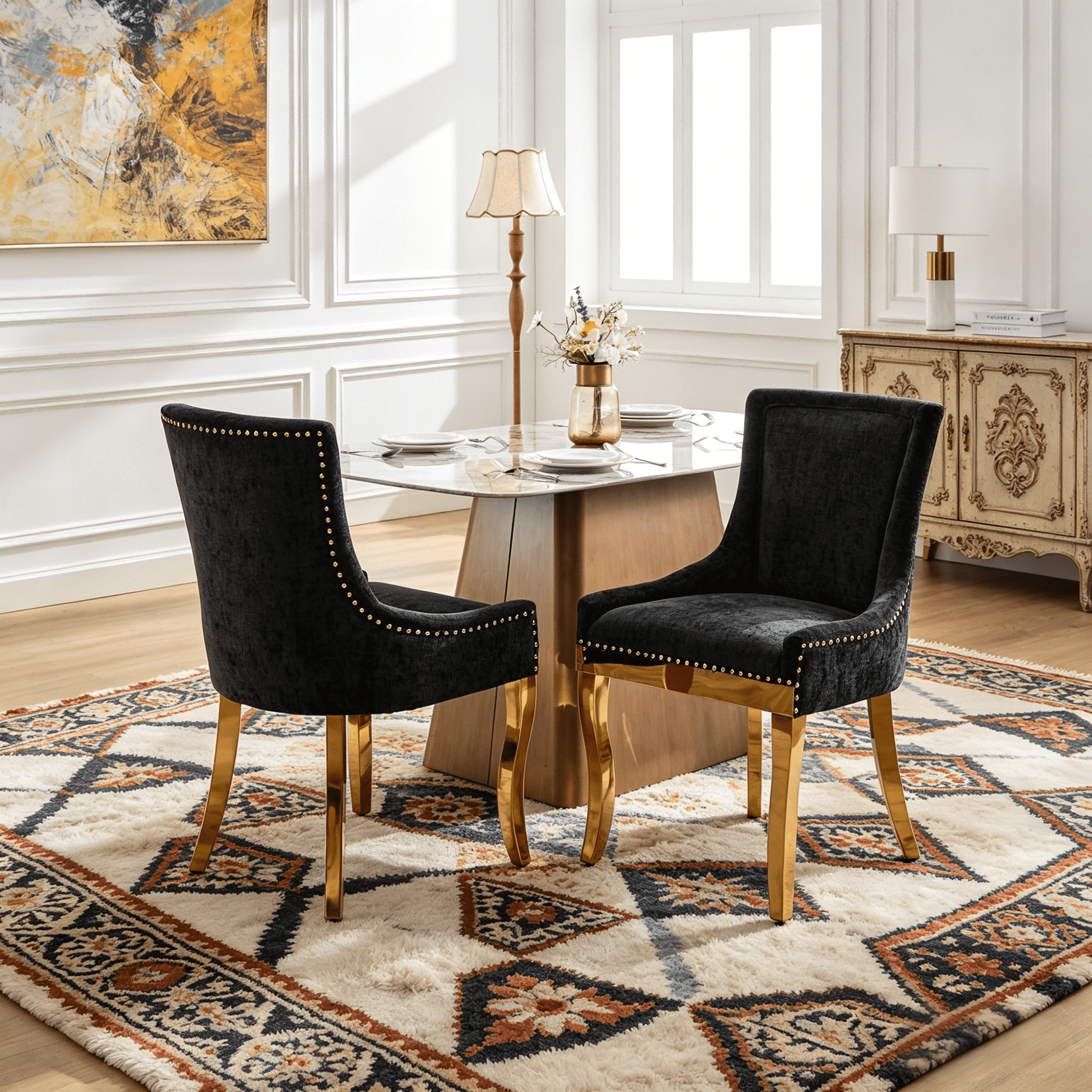 BSHTI Chenille Dining Chairs Set of 2, Black Fabric Upholstered Chairs with Curved Gold-Plated Legs & Rivet Trim – Stylish Dining or Lounge Accent Chairs, One-Piece Sturdy Frame