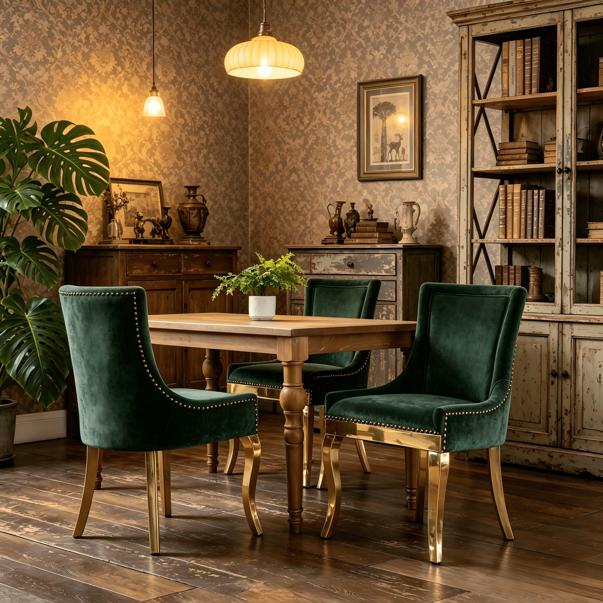 BSHTI Chenille Dining Chairs Set of 2, Green Textured Fabric Upholstered Chairs with Curved Gold-Plated Legs & Rivet Trim – Modern One-Piece Structure for Dining Room, Living Room, or Lounge