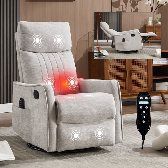 BSHTI Chenille Manual Recliner Chair with Rocker, 360° Swivel, Vibration Massage & Lumbar Heat for Living Room (Light Gray)