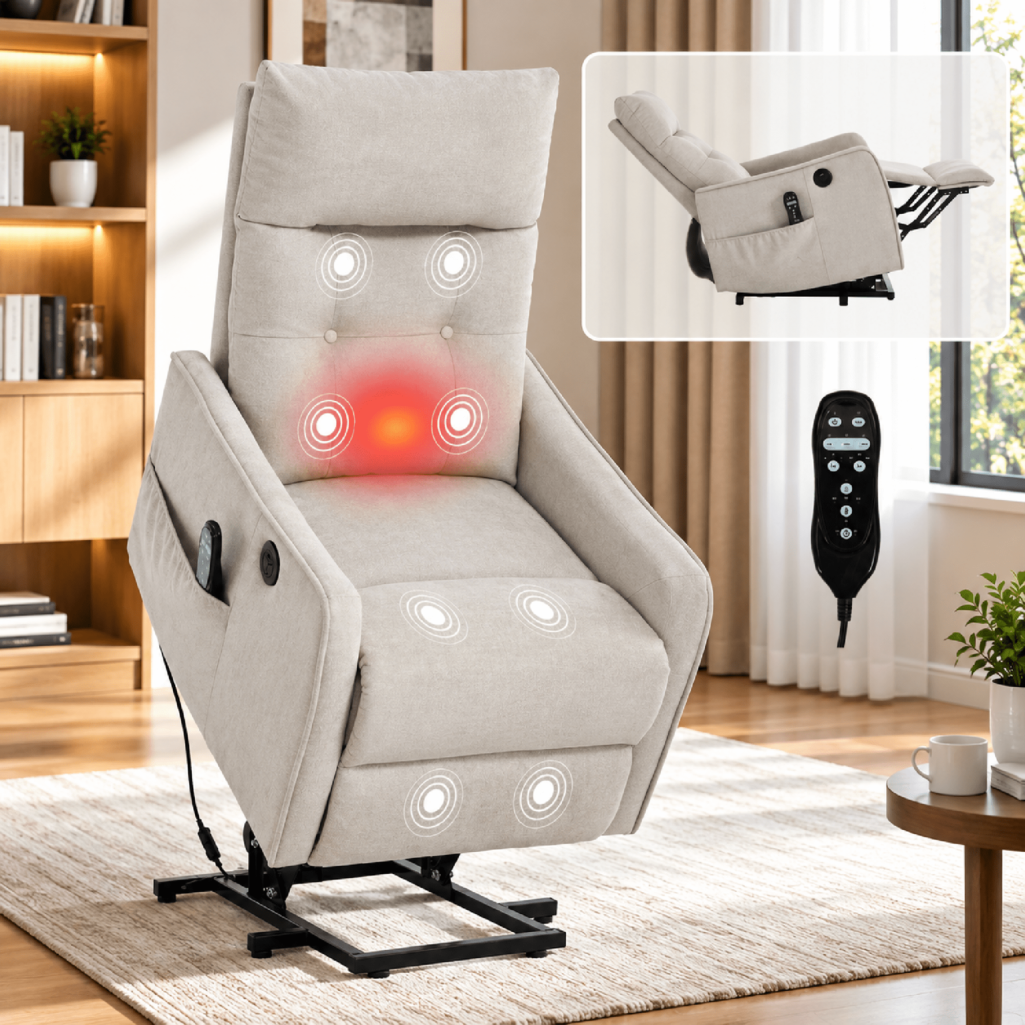 BSHTI Chenille Power Lift Recliner Chair with Vibration Massage, Lumbar Heat, USB Charging for Living Room(Beige)