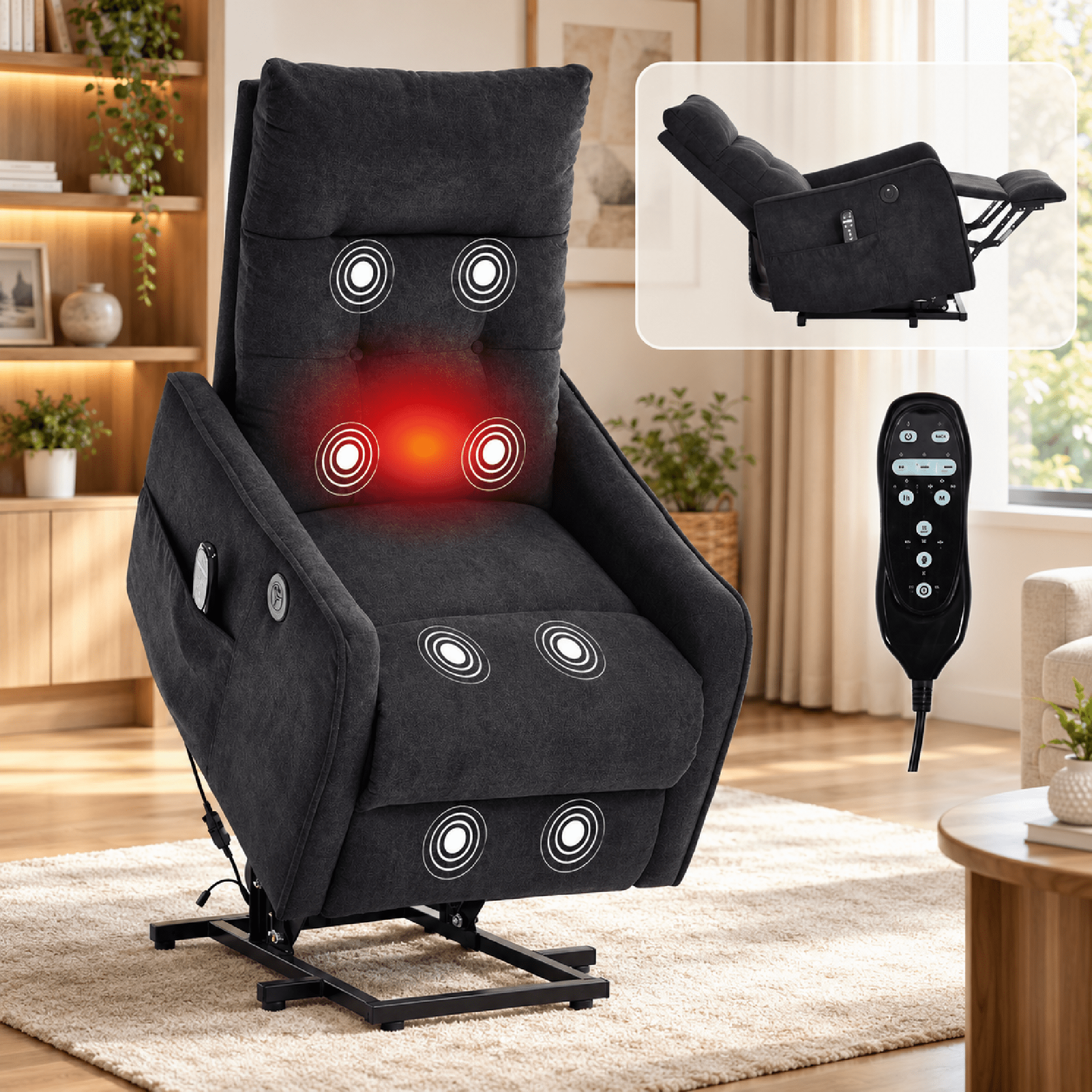 BSHTI Chenille Power Lift Recliner Chair with Vibration Massage, Lumbar Heat, USB Charging for Living Room(Black)