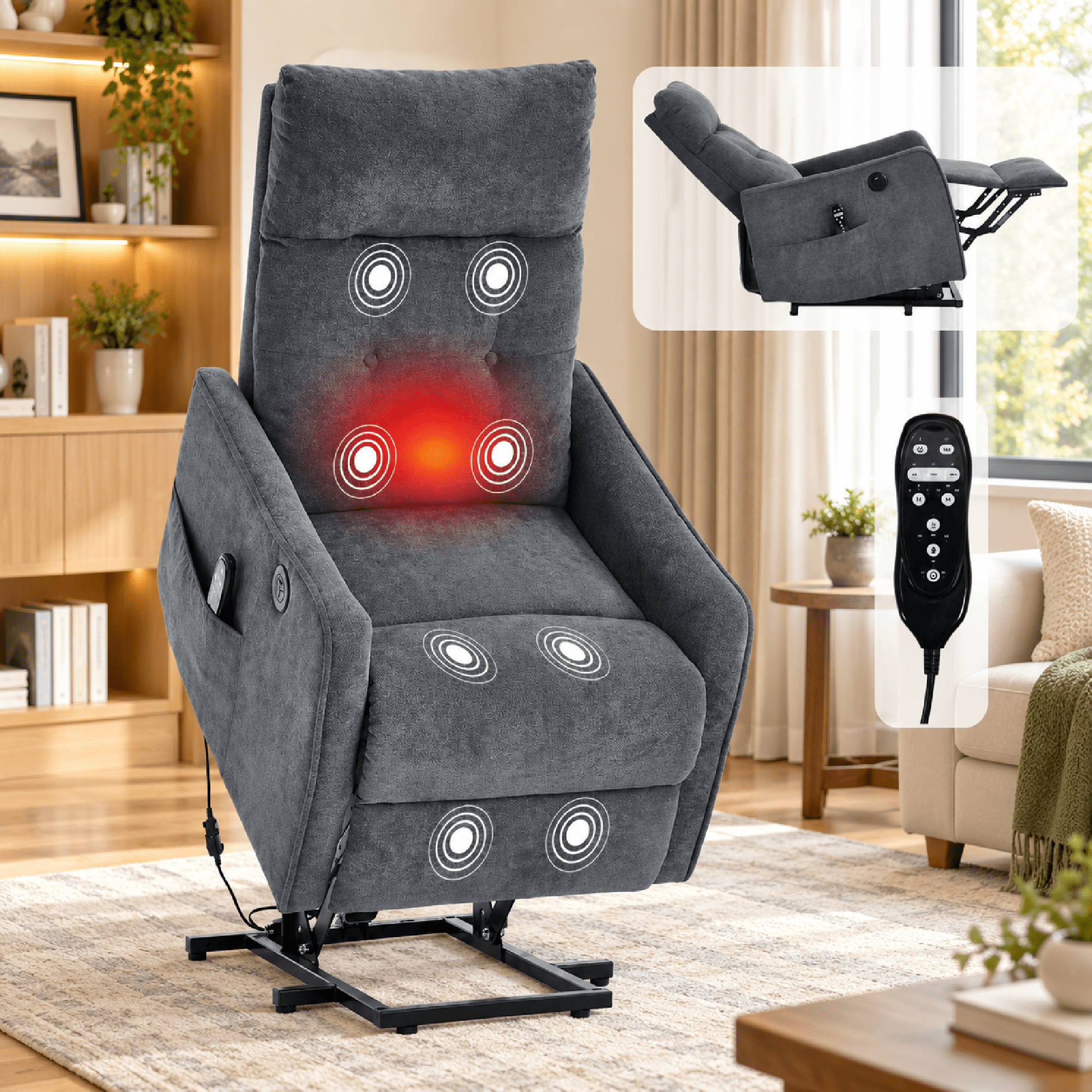 BSHTI Chenille Power Lift Recliner Chair with Vibration Massage, Lumbar Heat, USB Charging for Living Room(Gray)
