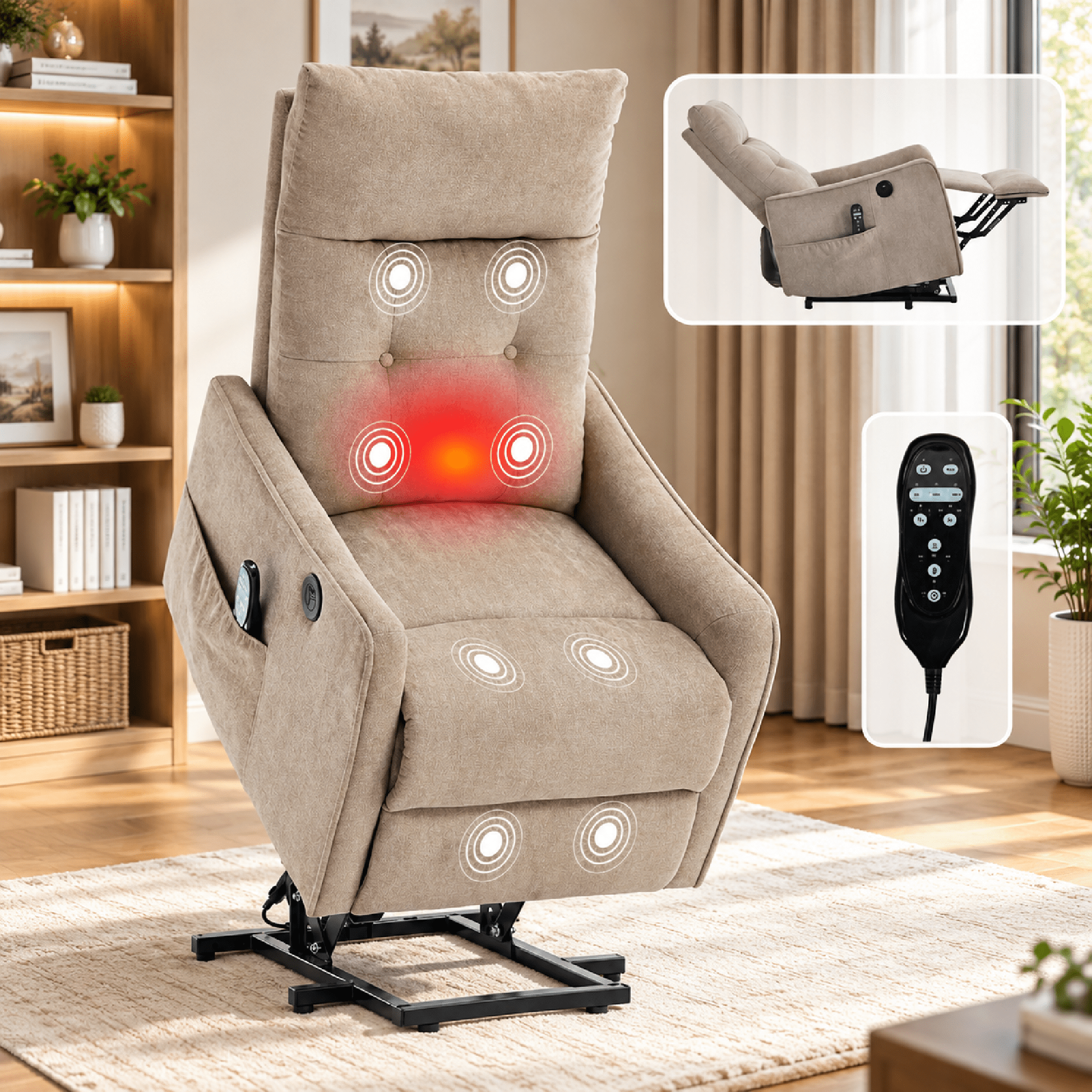 BSHTI Chenille Power Lift Recliner Chair with Vibration Massage, Lumbar Heat, USB Charging for Living Room(Khaki)