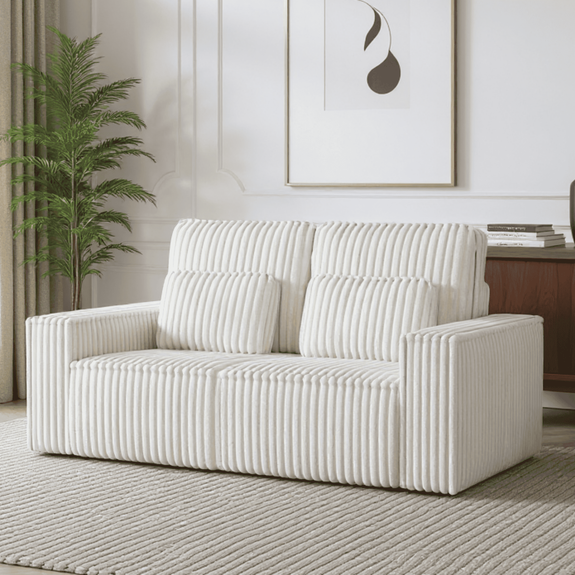 BSHTI Classic Corded Comfort Sofa with Pillows, Double-seater sofa, Corduroy Upholstery, removable back cushions, Easy to assemble, Beige