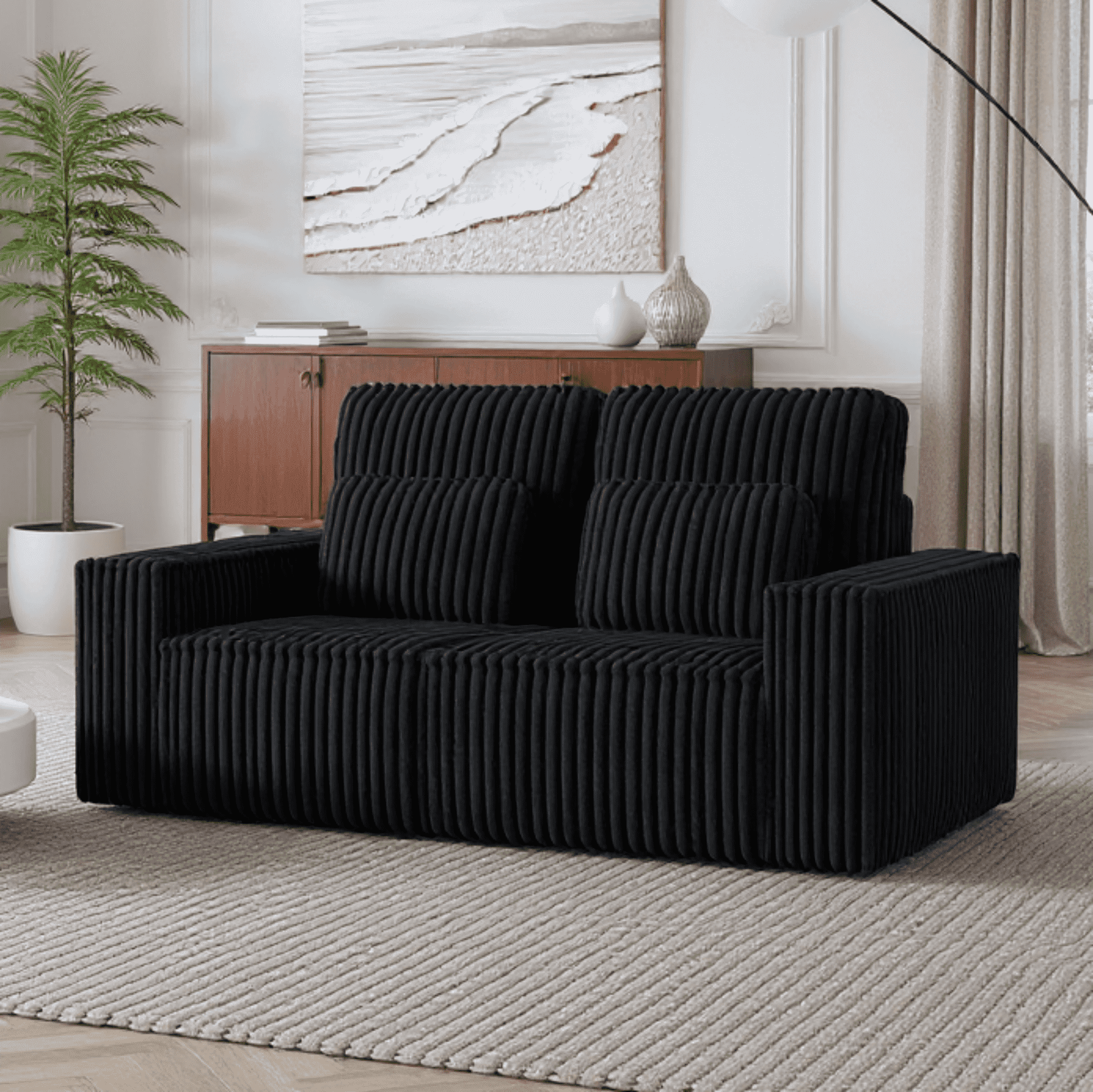 BSHTI Classic Corded Comfort Sofa with Pillows, Double-seater sofa, Corduroy Upholstery, removable back cushions, Easy to assemble, Black
