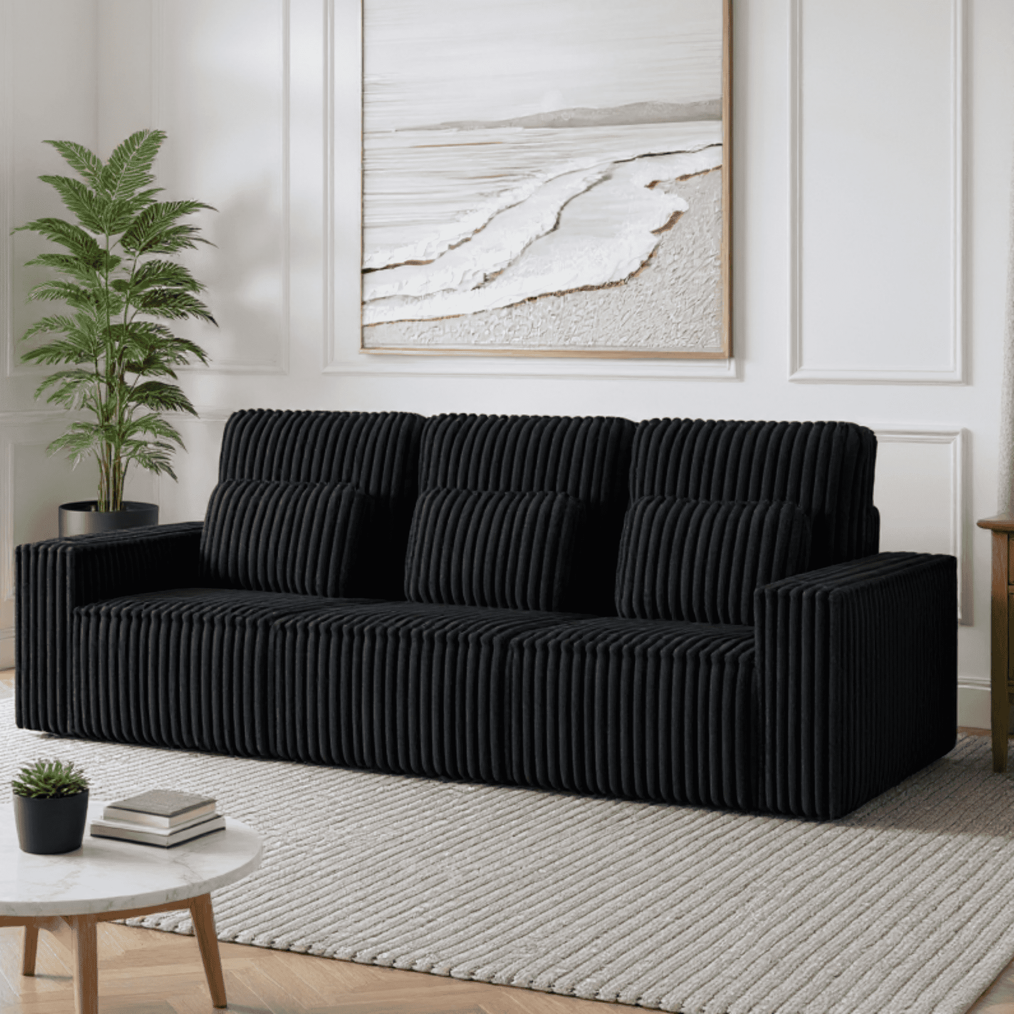 BSHTI Classic Corded Comfort Sofa with Pillows, Three-seater sofa, Corduroy Upholstery, removable back cushions, Easy to assemble, Black