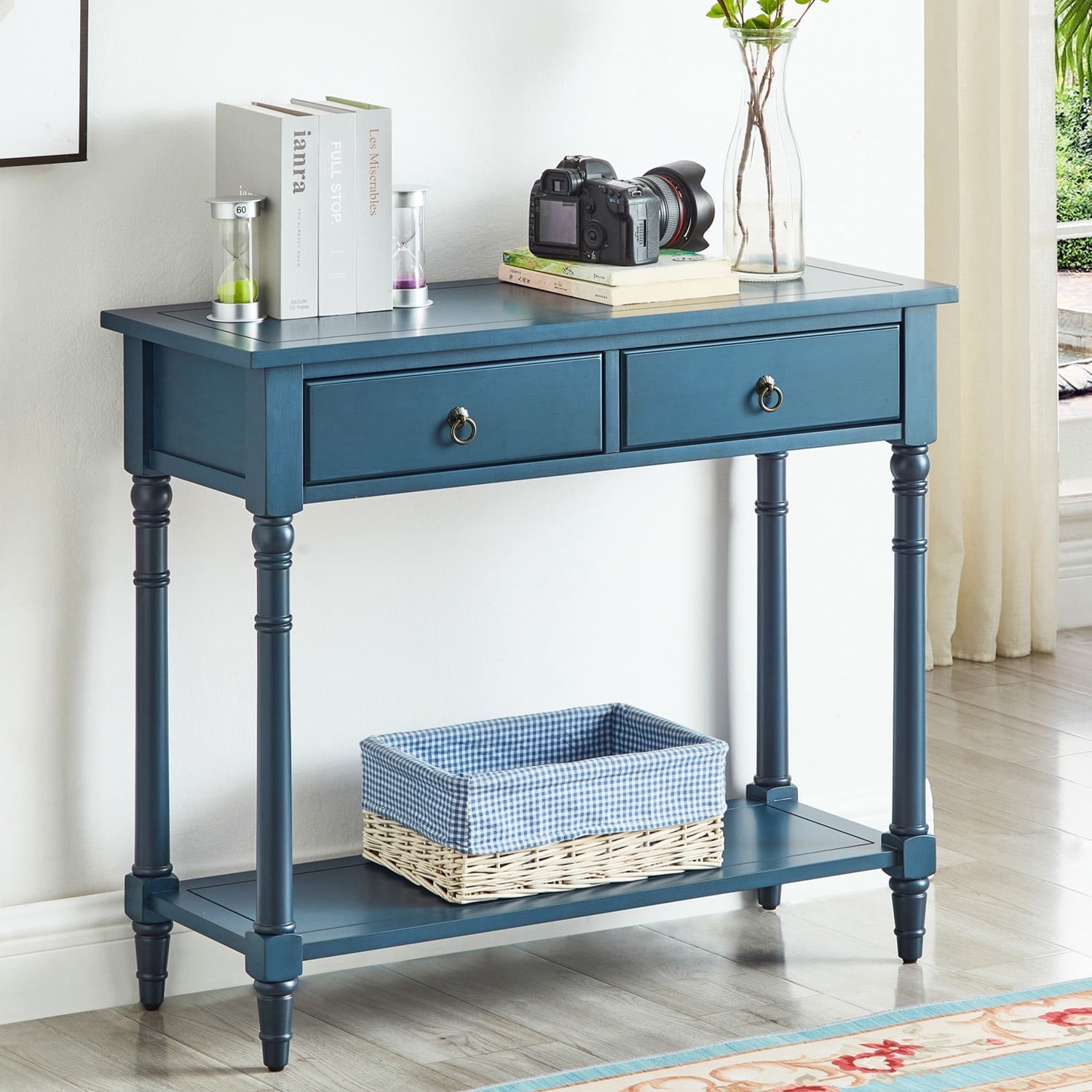 BSHTI Console Table with Drawers, Modern Wooden Entryway Table with Storage Shelf for Living Room, Blue