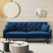BSHTI Convertible Audlt Velvet Futon Sofa ,Modern Audlt Sleeper Couch with Armrest and 2 Pillows（Navy Blue)