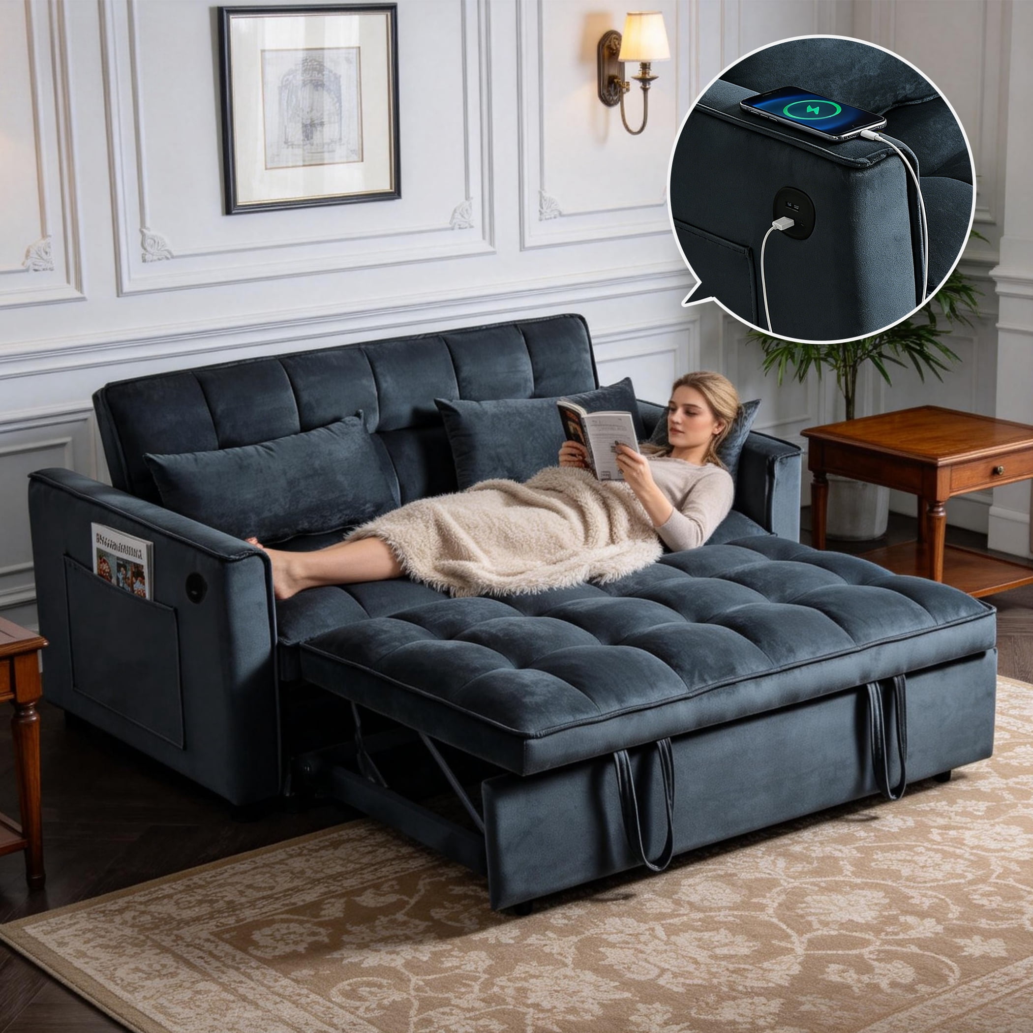 BSHTI 3 in 1 Convertible Pull-Out Loveseat Sofa Bed with 3-Level Adjustable Backrest – Velvet Tufted Sleeper Chair with Side Pockets for Small Spaces, Apartment, Office,Black