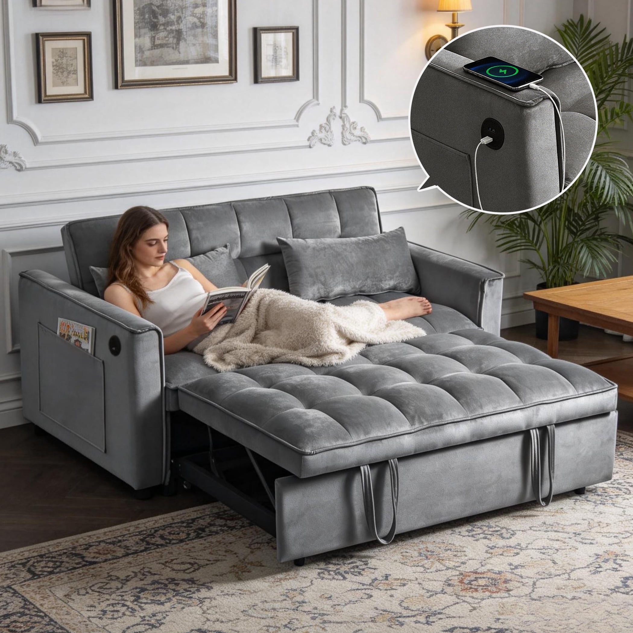 BSHTI 3 in 1 Convertible Pull-Out Loveseat Sofa Bed with 3-Level Adjustable Backrest – Velvet Tufted Sleeper Chair with Side Pockets for Small Spaces, Apartment, Office,Dark gray