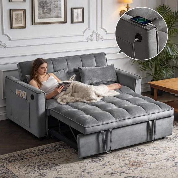 BSHTI 3 in 1 Convertible Pull-Out Loveseat Sofa Bed with 3-Level Adjustable Backrest – Velvet Tufted Sleeper Chair with Side Pockets for Small Spaces, Apartment, Office,Dark gray