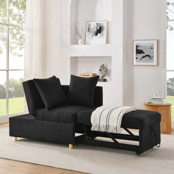 BSHTI Convertible Sleeper Sofa Chair Adjustable Backrest Recliner with Pullout Sofa Bed with Wheels, Modern Linen Fabric for Living Room for Tight Spaces, Black