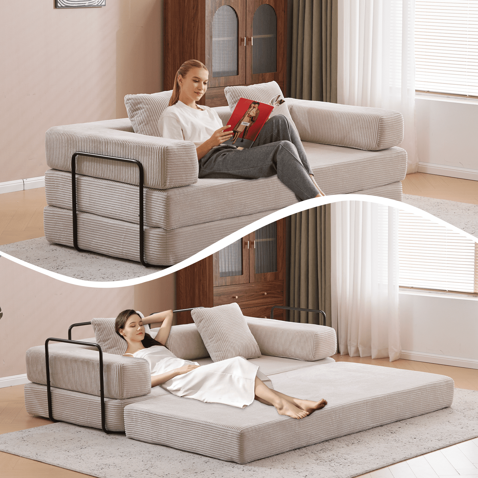 BSHTI Convertible Sofa Bed with Pillows, Chenille Folding Floor Sofa, High Rebound Density Sponge Boneless Couch for Living Room Bedroom Apartment Office, No Assembly Required, Light Gray