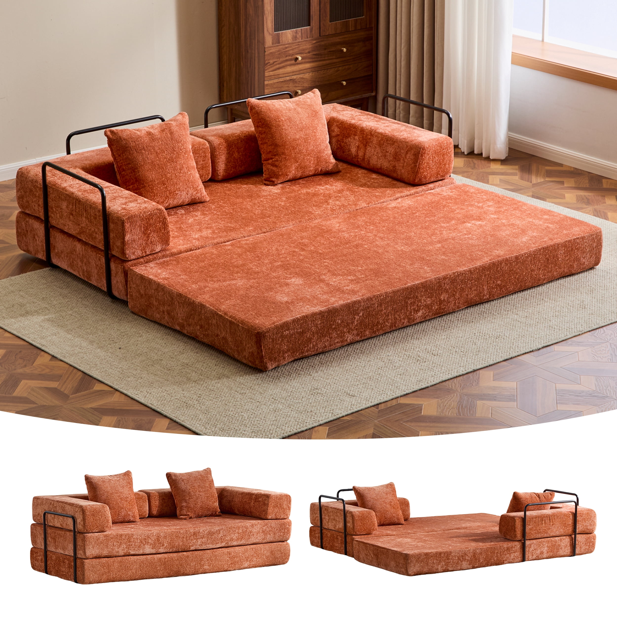 BSHTI Convertible Sofa Bed with Pillows, Chenille Folding Floor Sofa, High Rebound Density Sponge Boneless Couch for Living Room Bedroom Apartment Office, No Assembly Required, Orange
