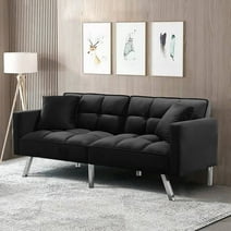 BSHTI Convertible Sofa Bed,Velvet Futon Sofa ,Sleeper Couch with Armrest and 2 Pillows for Living Room,Office( Black)