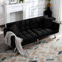 BSHTI Convertible Velvet Futon with Armrests and 2 Pillows, Black