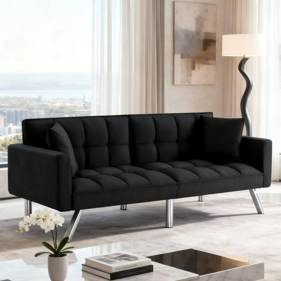 BSHTI Convertible Velve Sofa Bed,Velvet Futon Sofa ,Sleeper Couch with Armrest and 2 Pillows for Livingroom