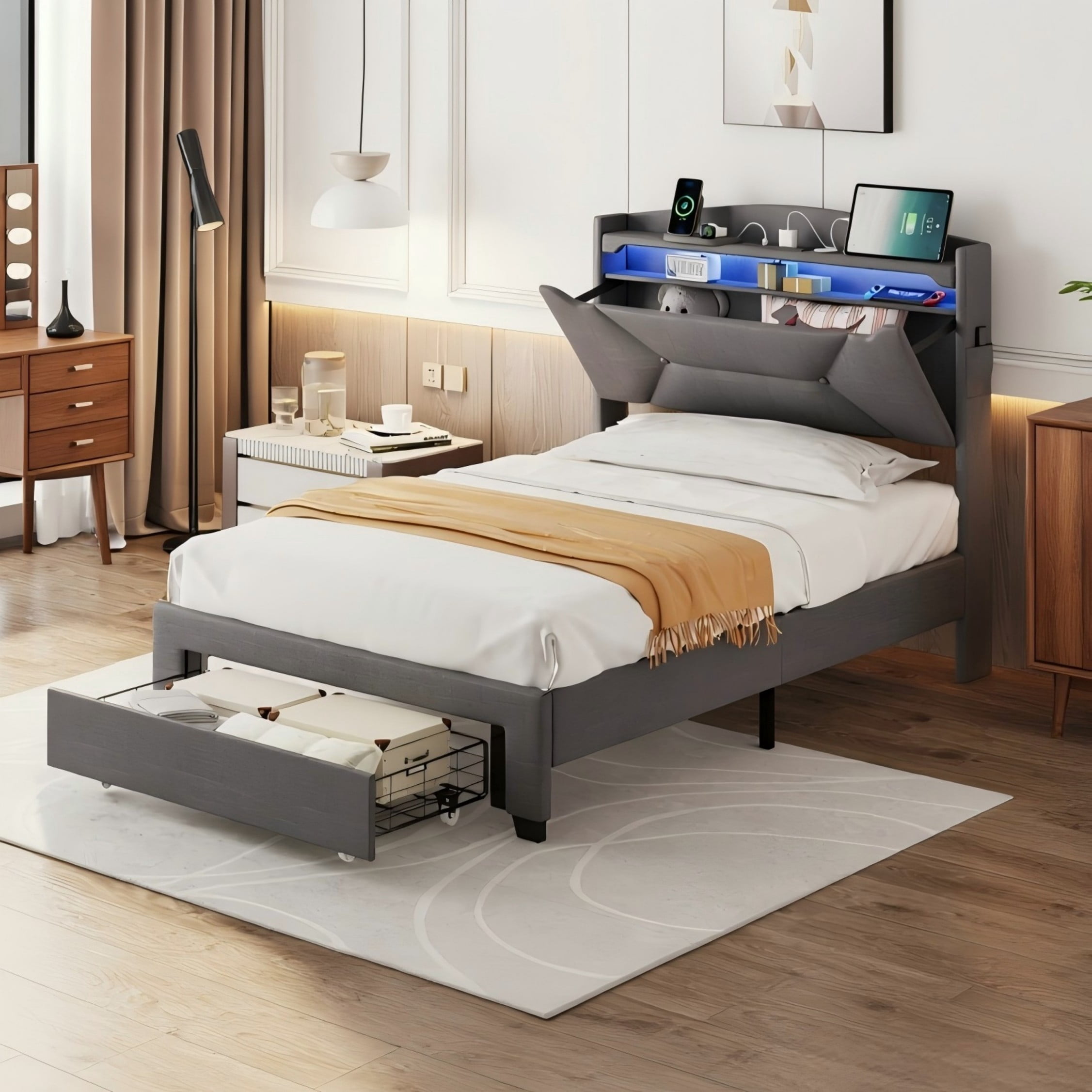 BSHTI Dark Gray Linen Twin Bed Headboard with LED Lights & USB Charging Station – Multi-Storage Upholstered Headboard with Open Shelves & Hidden Compartment – Easy Installation