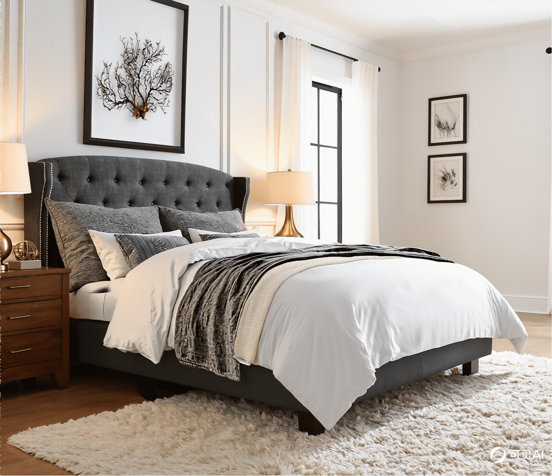 BSHTI Dark Grey Tufted Wingback Full Size Bed, Upholstered Platform Bed Frame with Button Tufted Headboard, Box Spring Needed, Modern Bedroom Furniture