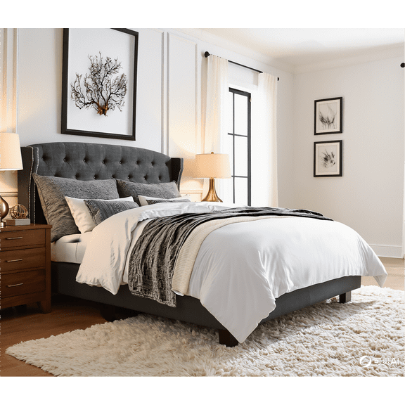 BSHTI Dark Grey Tufted Wingback Full Size Bed, Upholstered Platform Bed Frame with Button Tufted Headboard, Box Spring Needed, Modern Bedroom Furniture