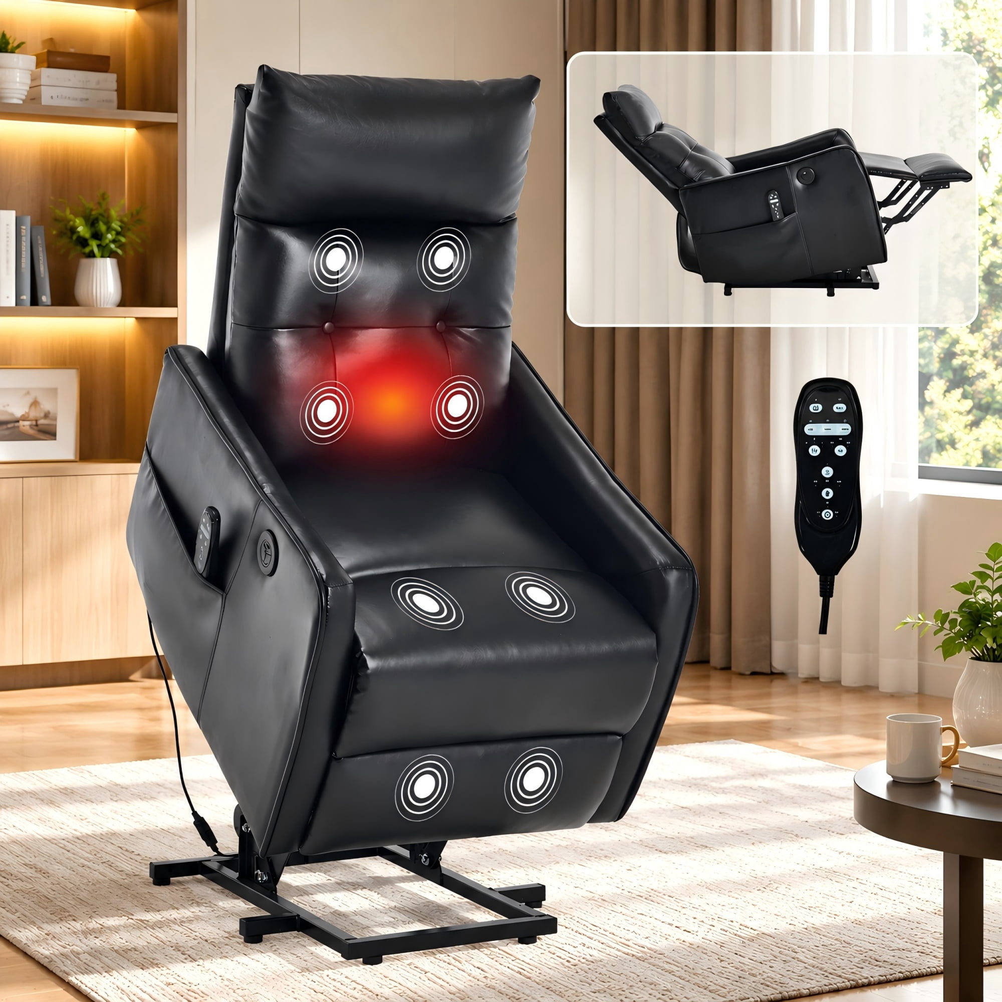 BSHTI Faux Leather Power Lift Recliner Chair with Vibration Massage, Lumbar Heat, USB Charging for Living Room(Black)