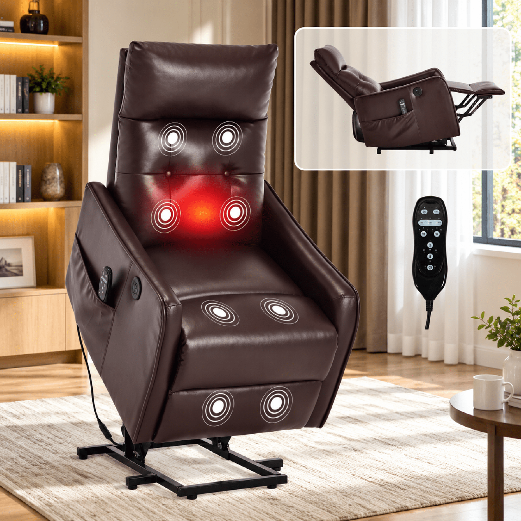 BSHTI Faux Leather Power Lift Recliner Chair with Vibration Massage, Lumbar Heat, USB Charging for Living Room(Brown)