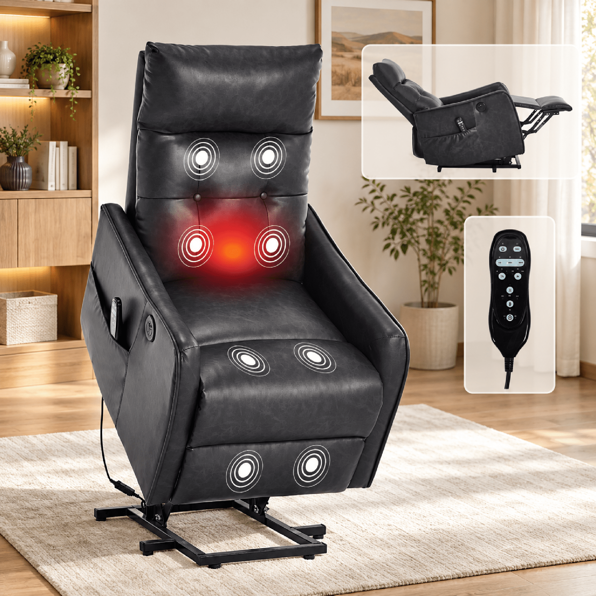 BSHTI Faux Leather Power Lift Recliner Chair with Vibration Massage, Lumbar Heat, USB Charging for Living Room(Gray)