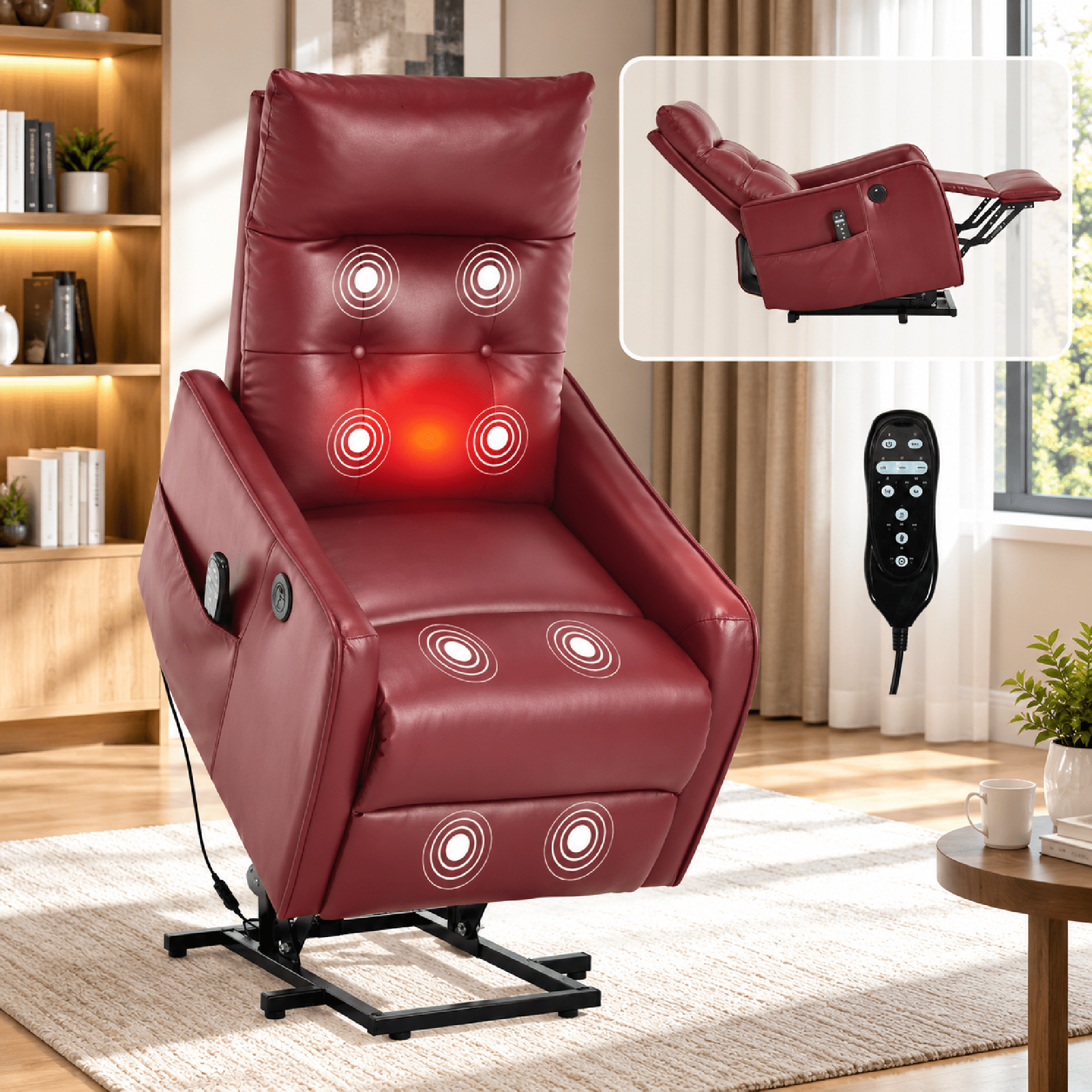 BSHTI Faux Leather Power Lift Recliner Chair with Vibration Massage, Lumbar Heat, USB Charging for Living Room(Red)
