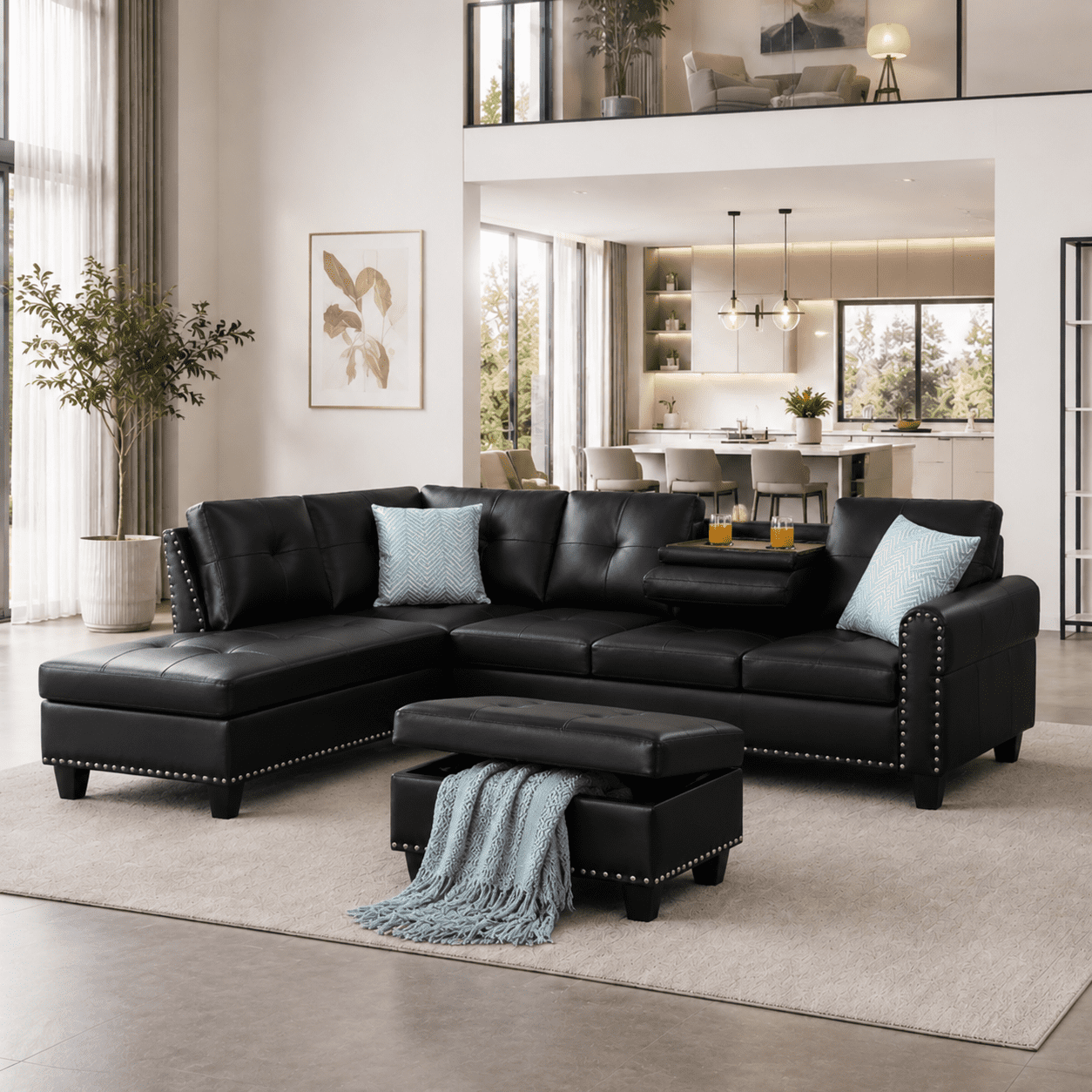 BSHTI Black Faux Leather L-Shaped Sectional Sofa with Reversible Storage Chaise for Living Room, Storage Ottoman & Cup Holders, 3-Seat Contemporary Couch