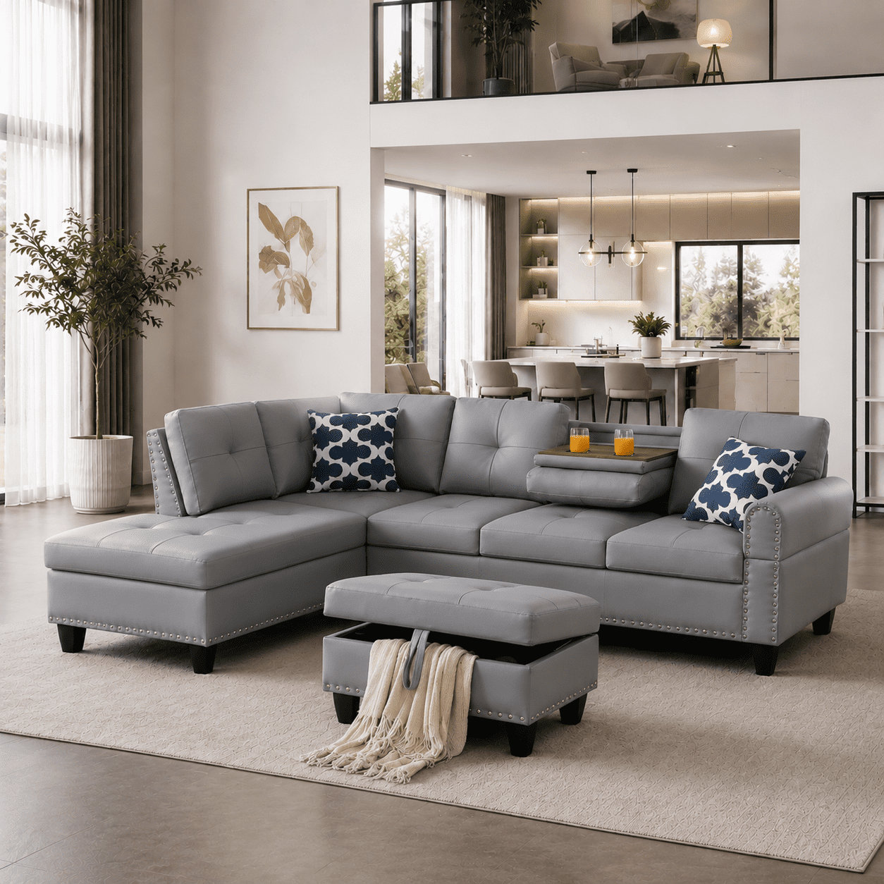 BSHTI Gray Faux Leather L-Shaped Sectional Sofa with Reversible Storage Chaise for Living Room, Storage Ottoman & Cup Holders, 3-Seat Contemporary Couch