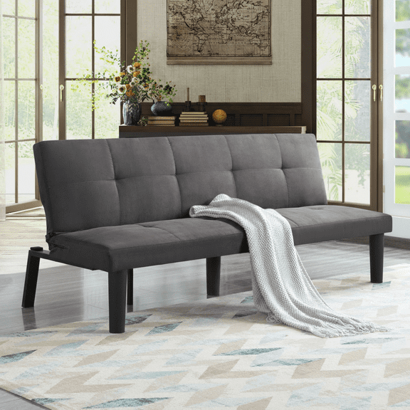 BSHTI Faux Suede Futon Sofa Bed,Wood Frame,Twin Siz,3 Adjustable Positions Backrest Convertible Sofas,Perfect for Small Spaces Dark Gray