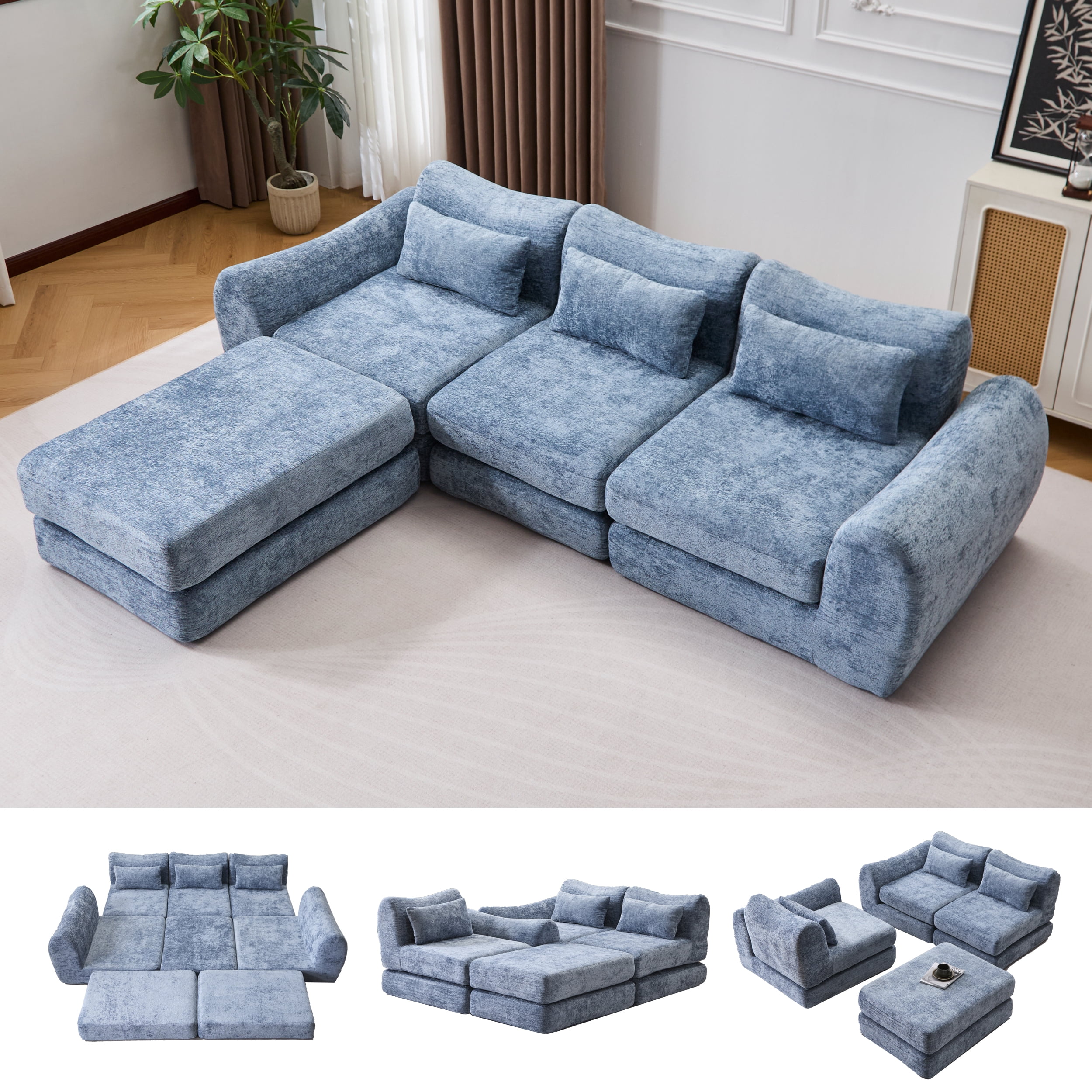 BSHTI Foldable Wave Star Modular Sofa, Chenille Fabric, 4-in-1 Modern Couch for Living Room, Modular Sectional Sofa with Chaise, Free Combination 3 Seater Sofa, Blue