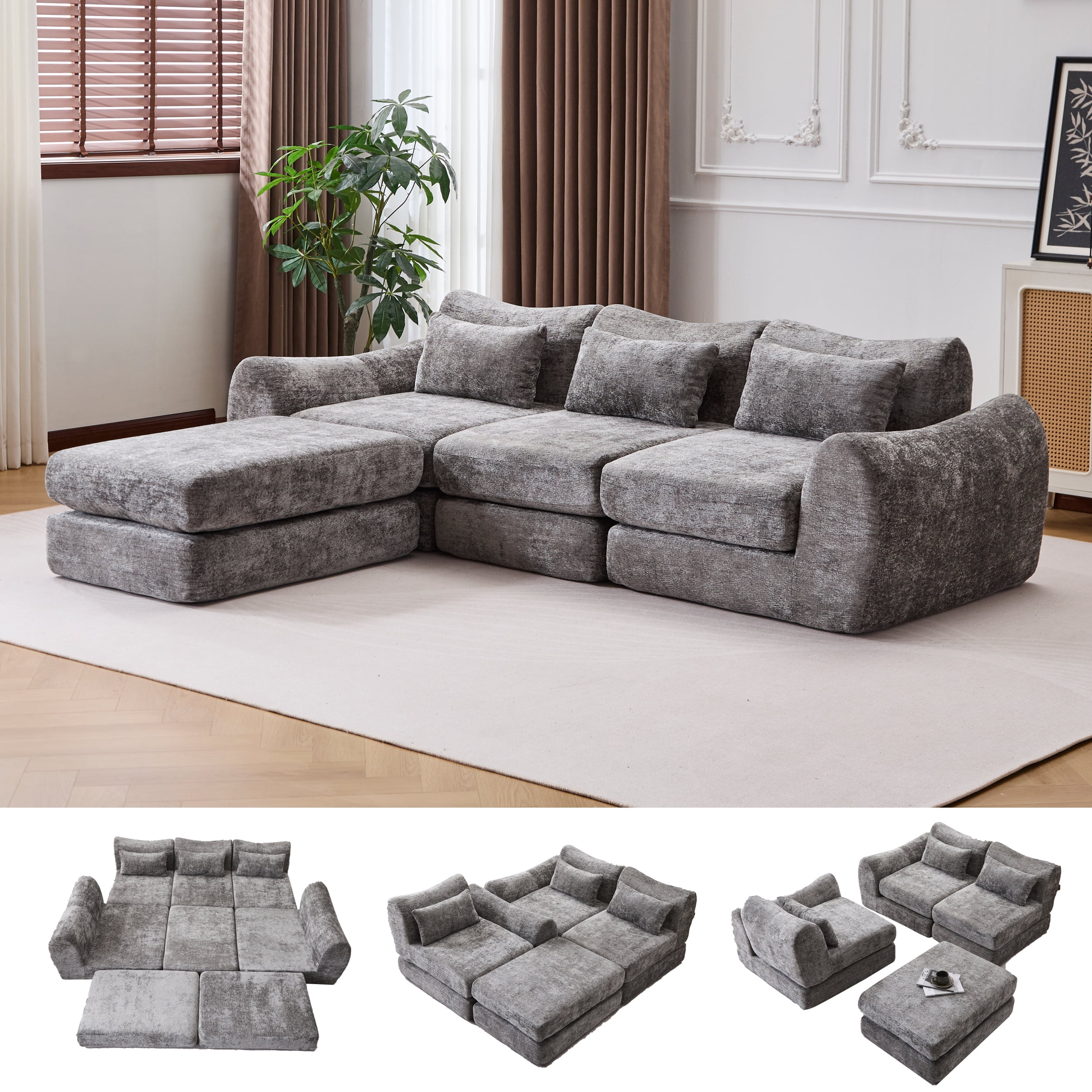BSHTI Foldable Wave Star Modular Sofa, Chenille Fabric, 4-in-1 Modern Couch for Living Room, Modular Sectional Sofa with Chaise, Free Combination 3 Seater Sofa, Grey