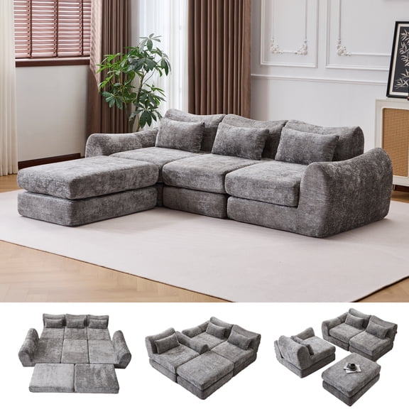BSHTI Foldable Wave Star Modular Sofa, Chenille Fabric, 4-in-1 Modern Couch for Living Room, Modular Sectional Sofa with Chaise, Free Combination 3 Seater Sofa, Grey